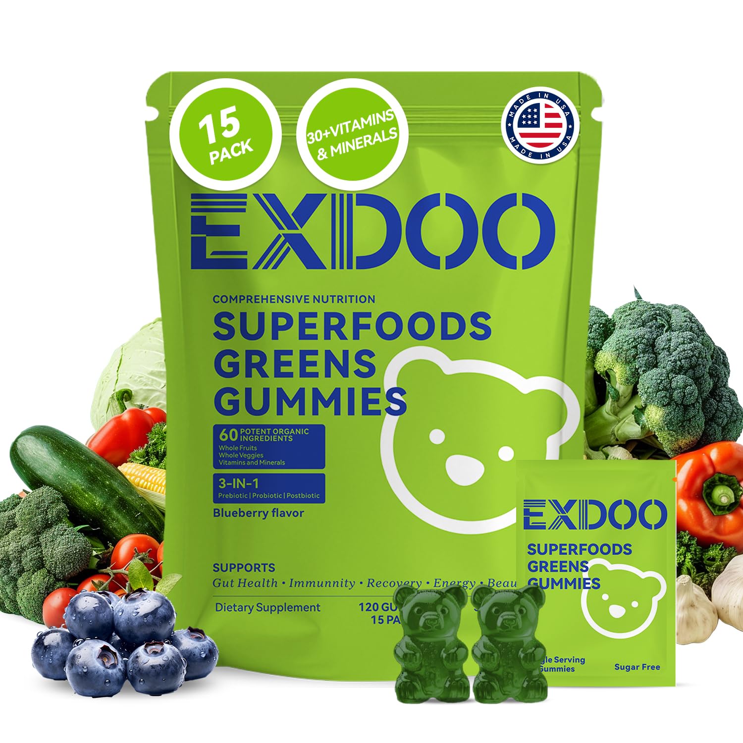 exdoo empaque frontal mostrando gomitas y beneficio práctico