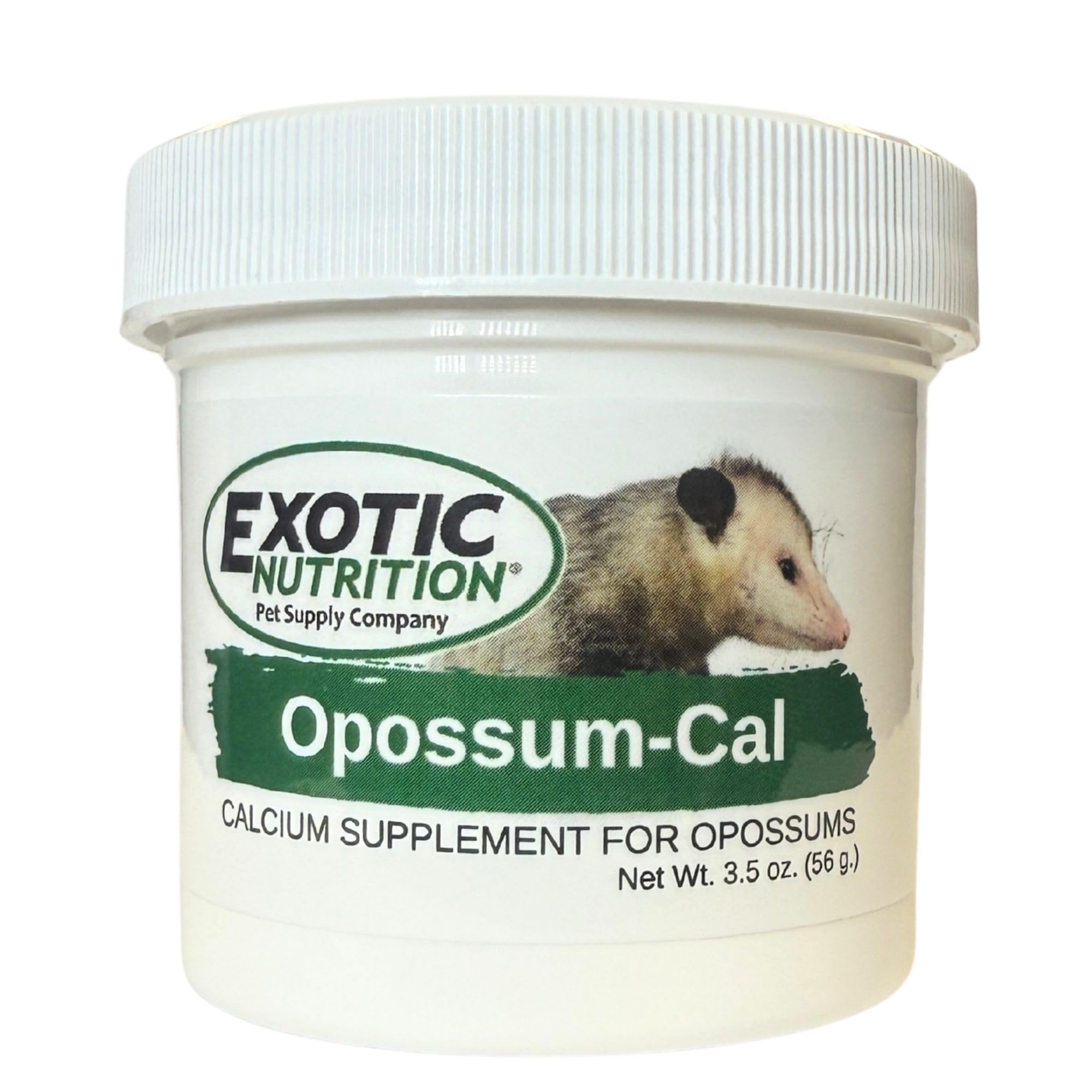 Exotic Nutrition Opossum-Cal frente del envase mostrando contenido y duración