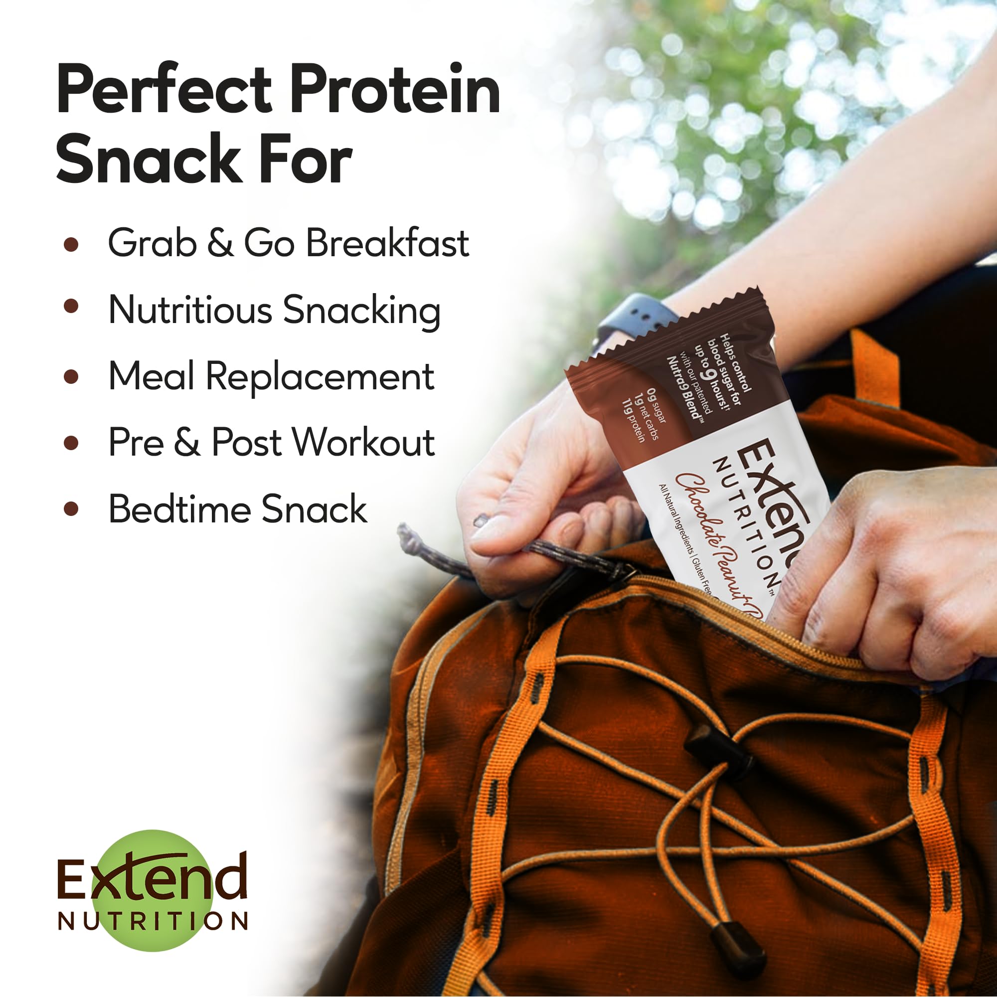 Extend Bar etiqueta nutricional destacando macros bajos en carbohidratos