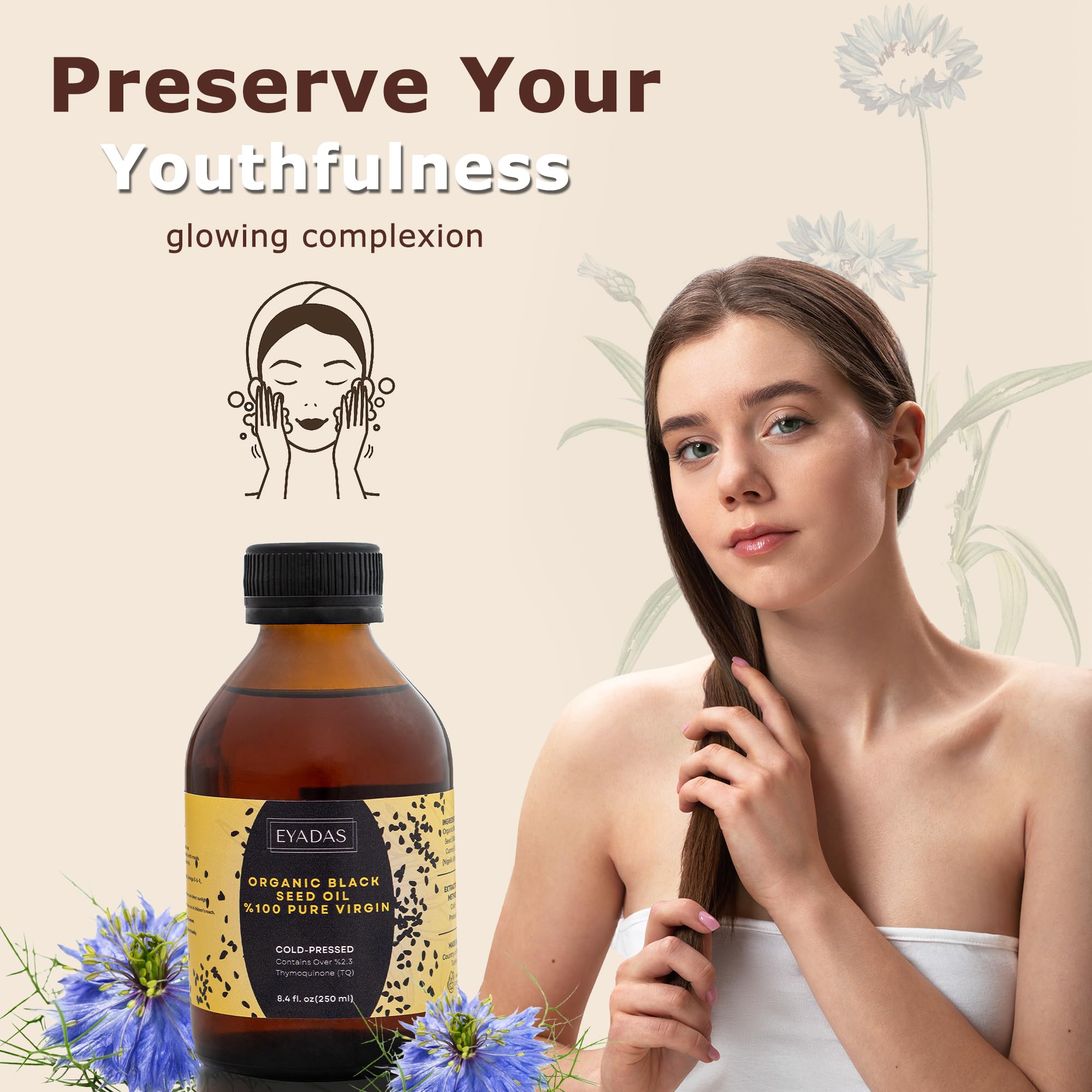 EYADAS aceite de semilla negra en entorno de baño para rutina de belleza natural