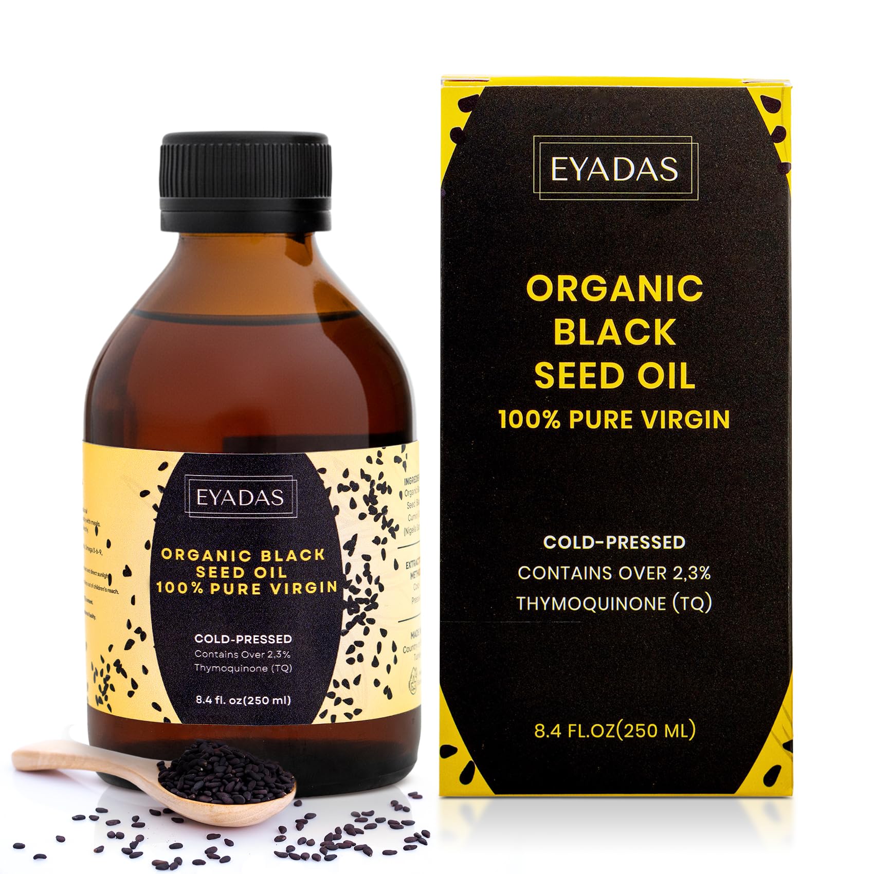 EYADAS botella frontal de aceite de semilla negra mostrando etiqueta y presentación