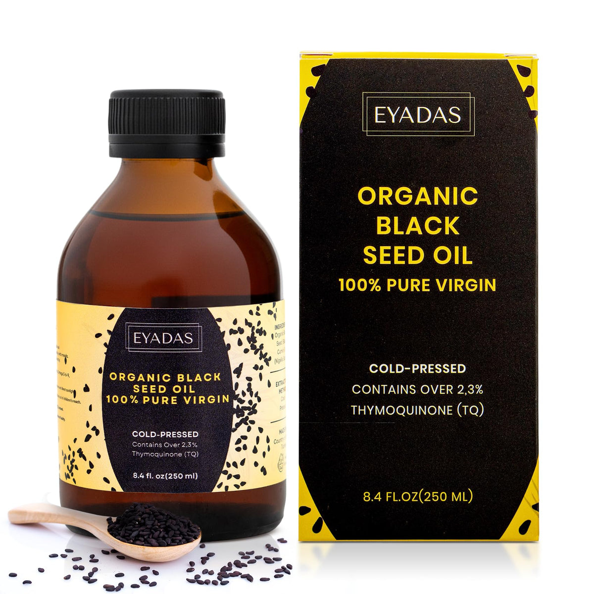 EYADAS botella frontal de aceite de semilla negra mostrando etiqueta y presentación