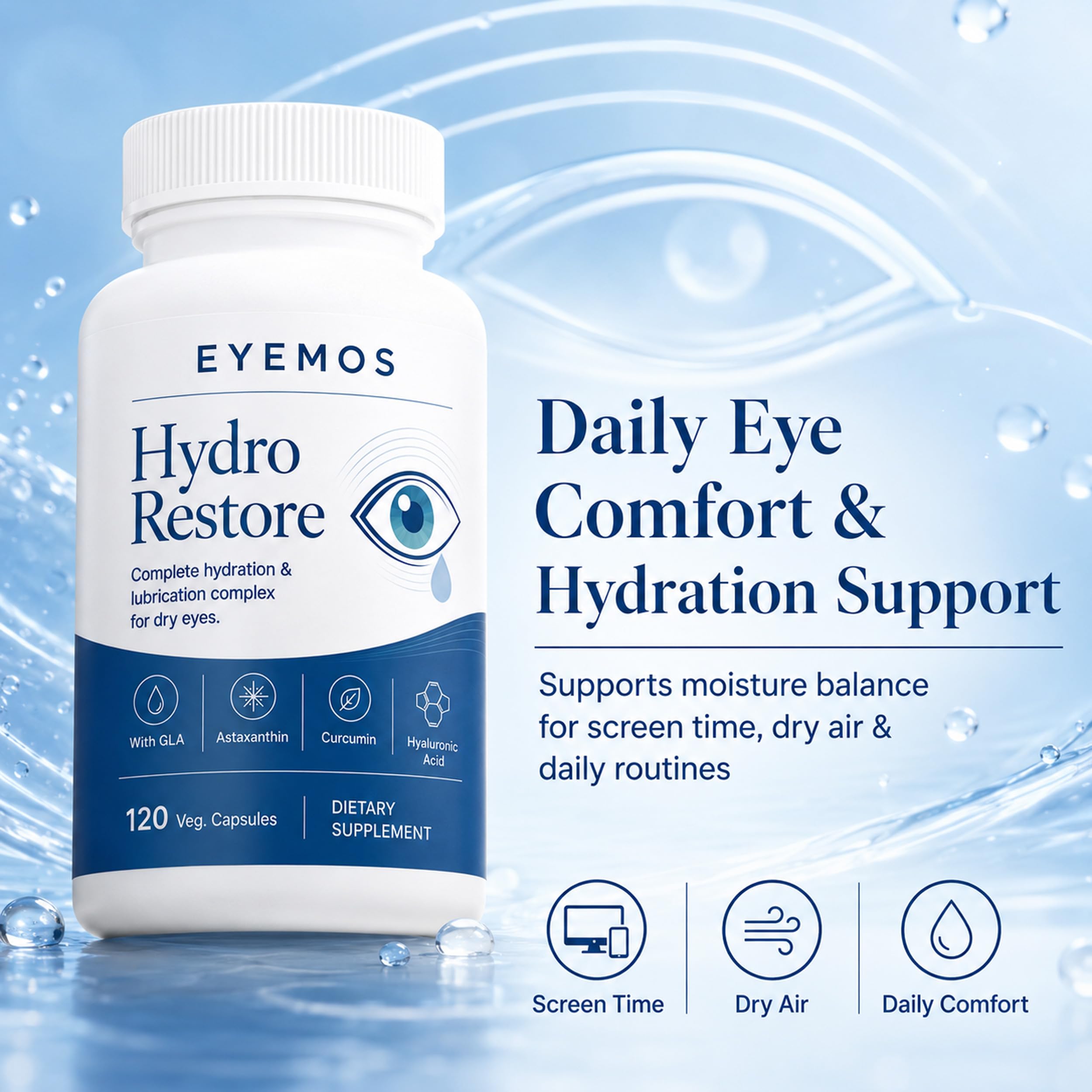 eyemos cápsulas Hydro Restore en primer plano evidenciando calidad vegetal