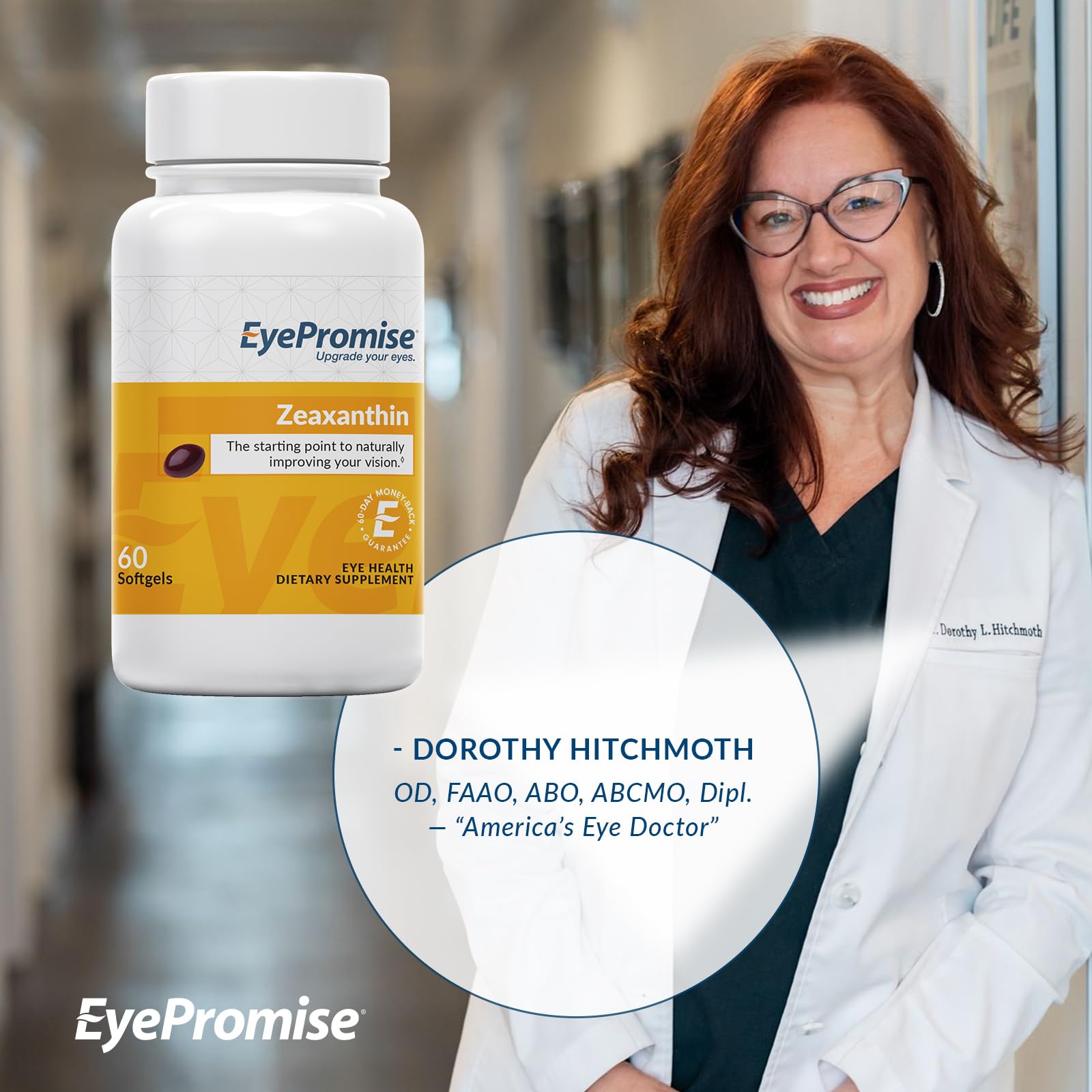 EyePromise cápsula al lado de una mano para comparar tamaño y dosificación