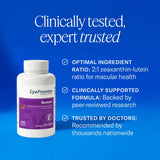 Botella rotulada de EyePromise Restore enfatizando certificación y seguridad