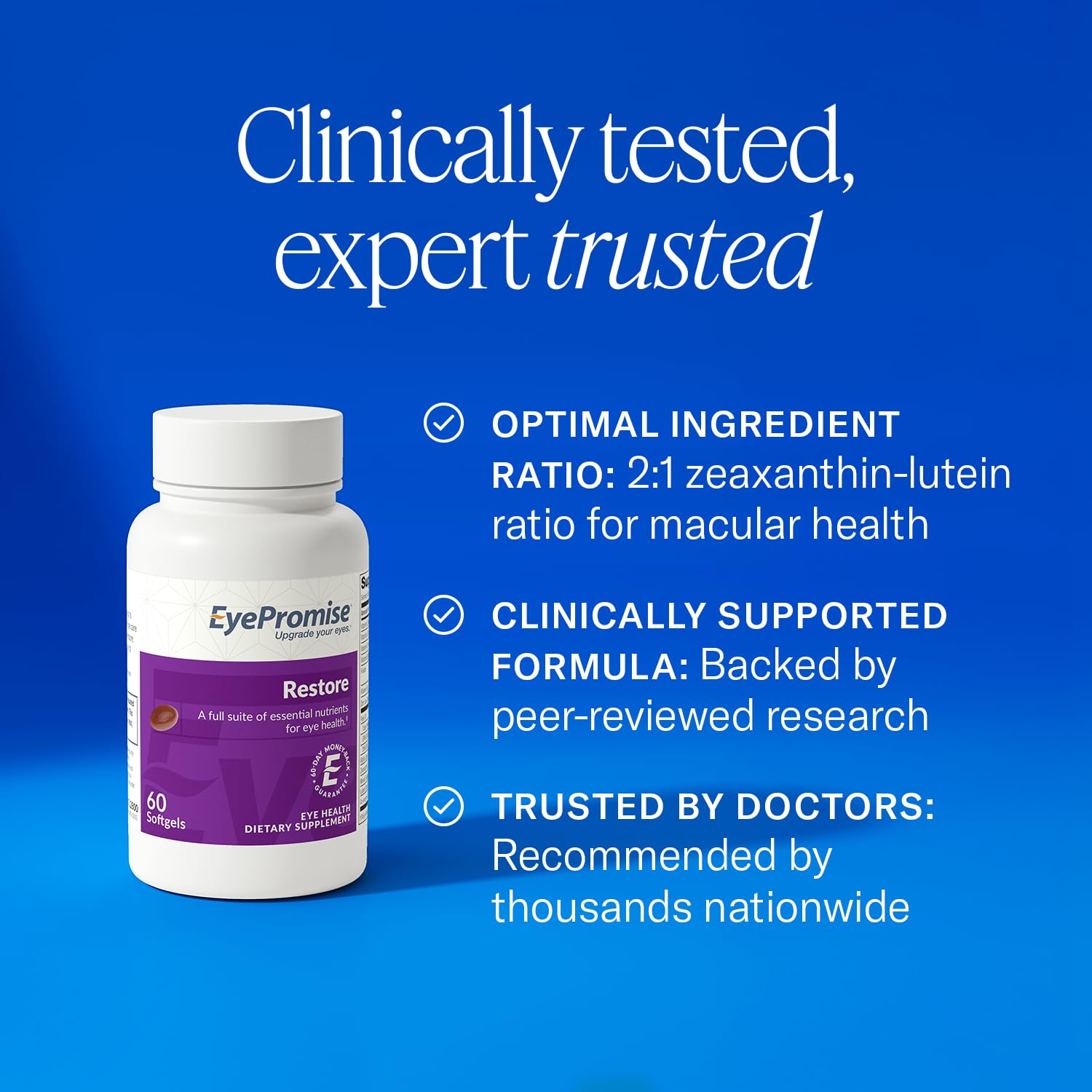 EyePromise Restore softgel junto a regla para comparación de tamaño y dosis