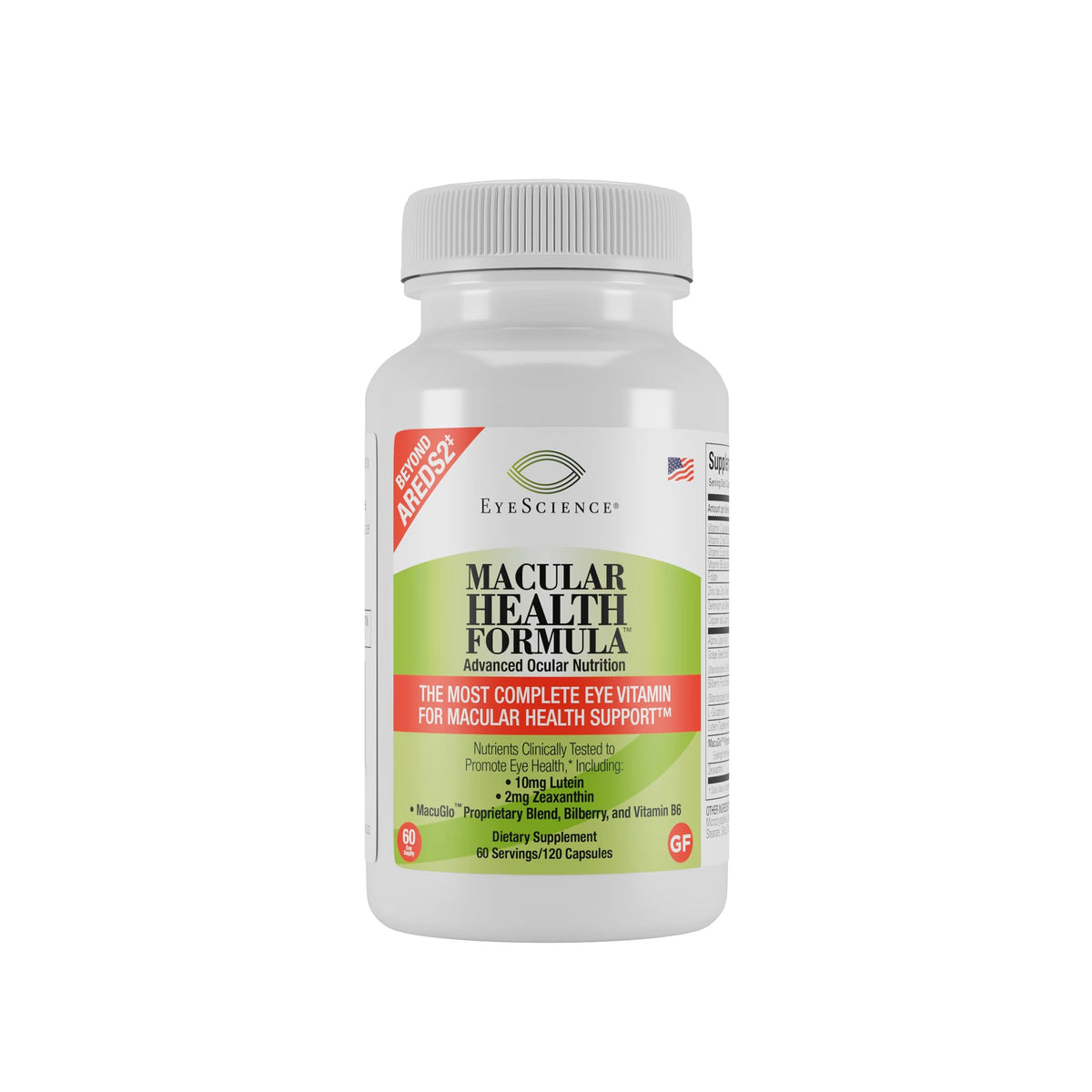 EyeScience envase frontal de Macular Health Formula mostrando información y tamaño 120 cápsulas