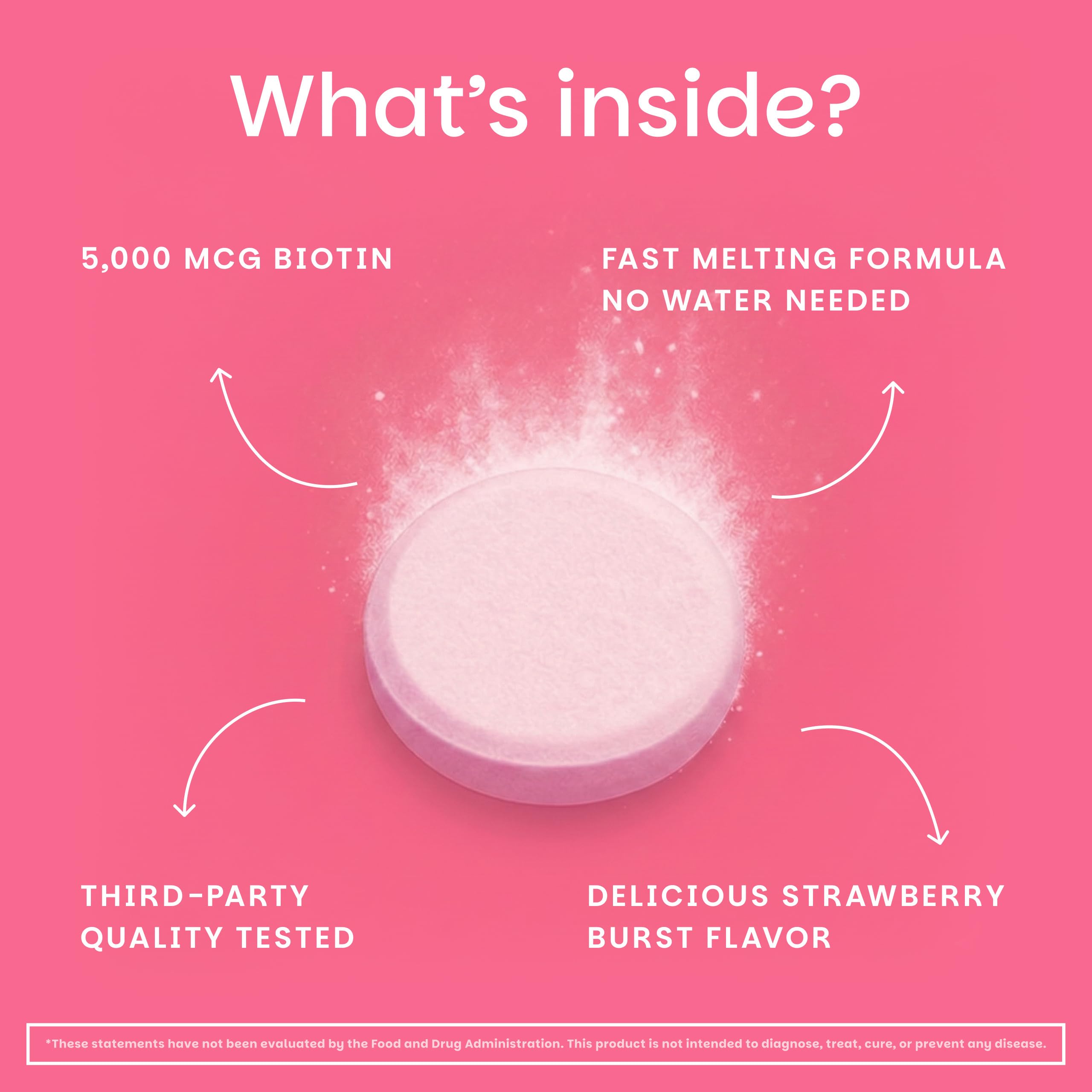 EZ Melts biotin tableta junto a moneda para mostrar tamaño portátil