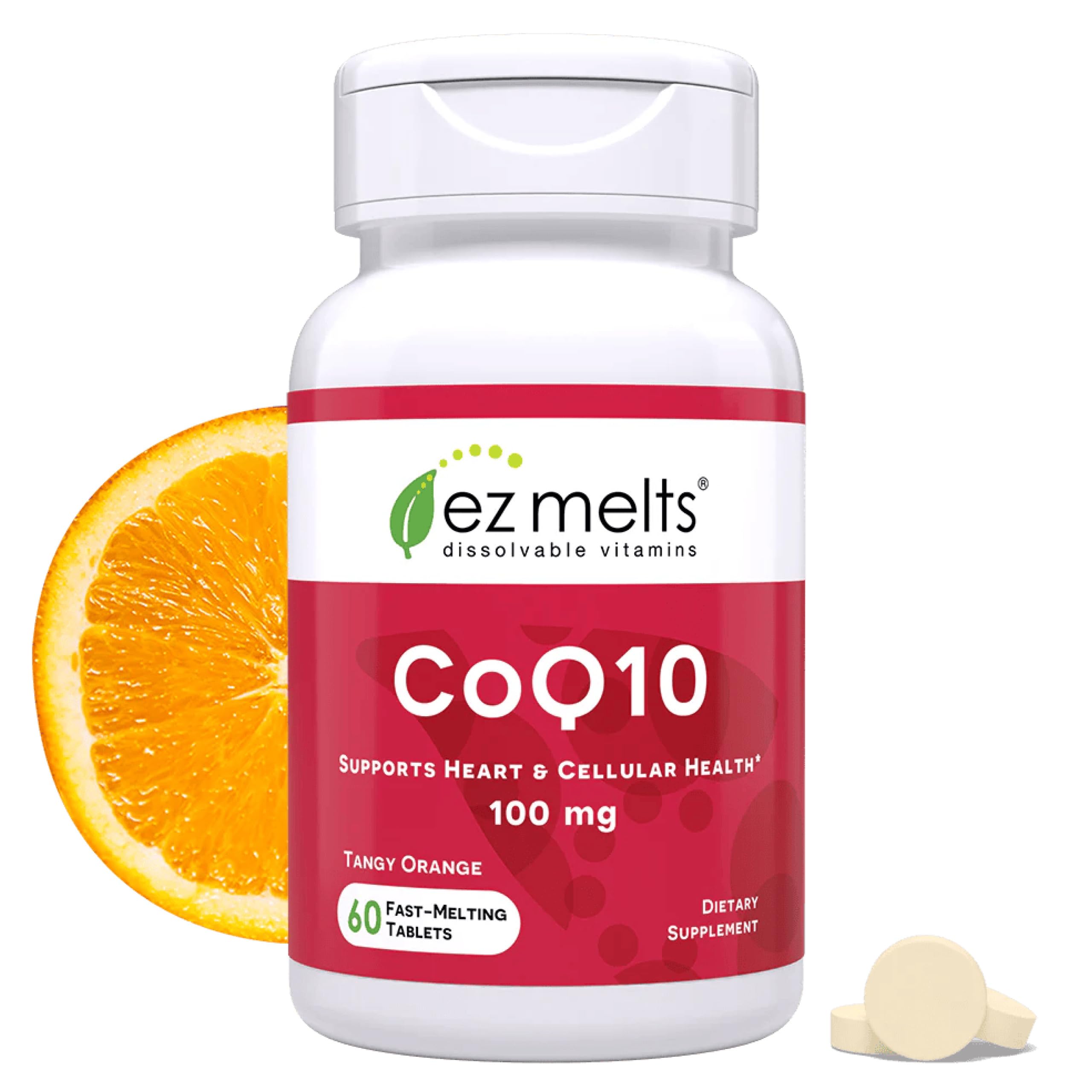EZ Melts empaque frontal mostrando CoQ10 y beneficios prácticos