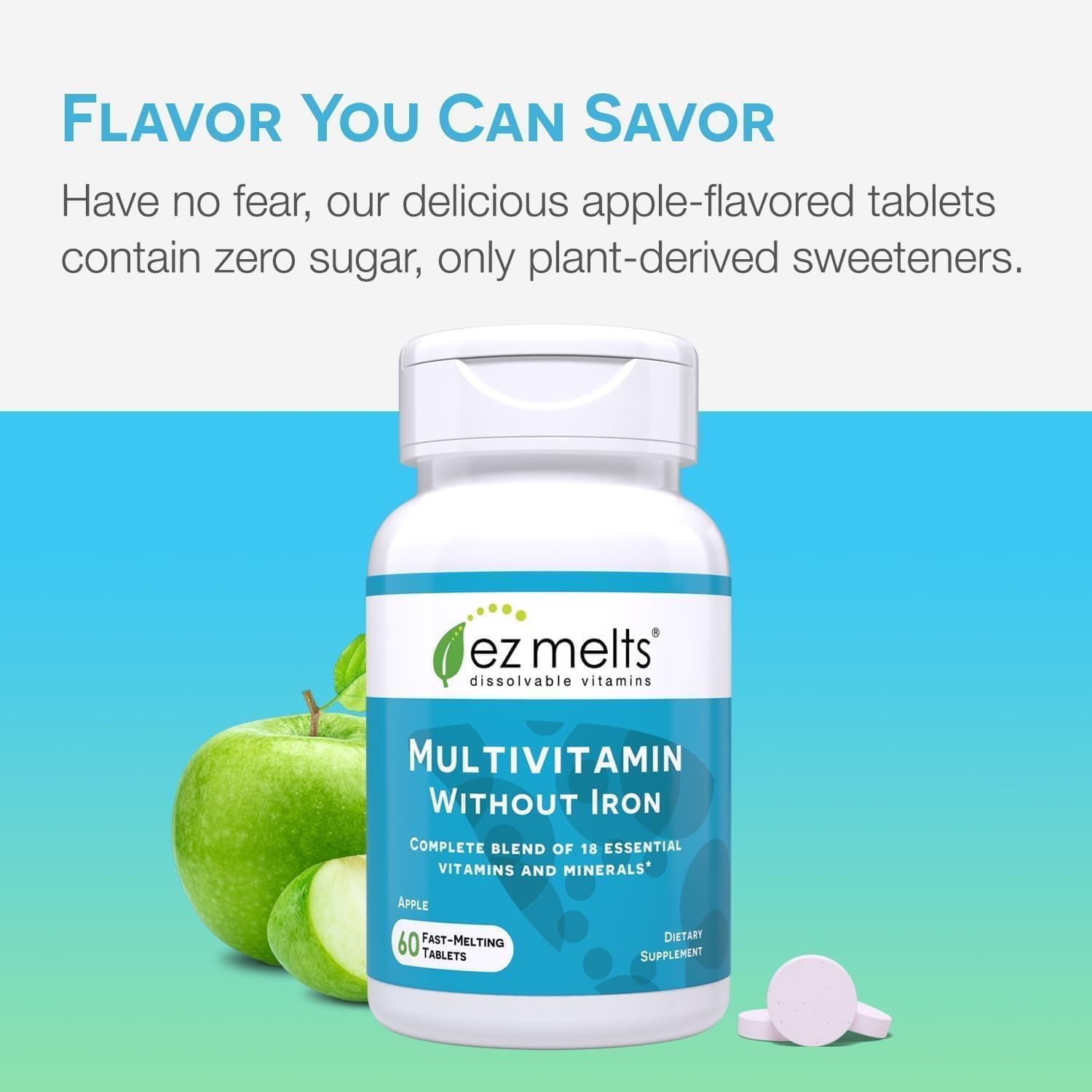 Etiqueta de EZ Melts con lista de vitaminas y beneficio de formas metiladas visibles