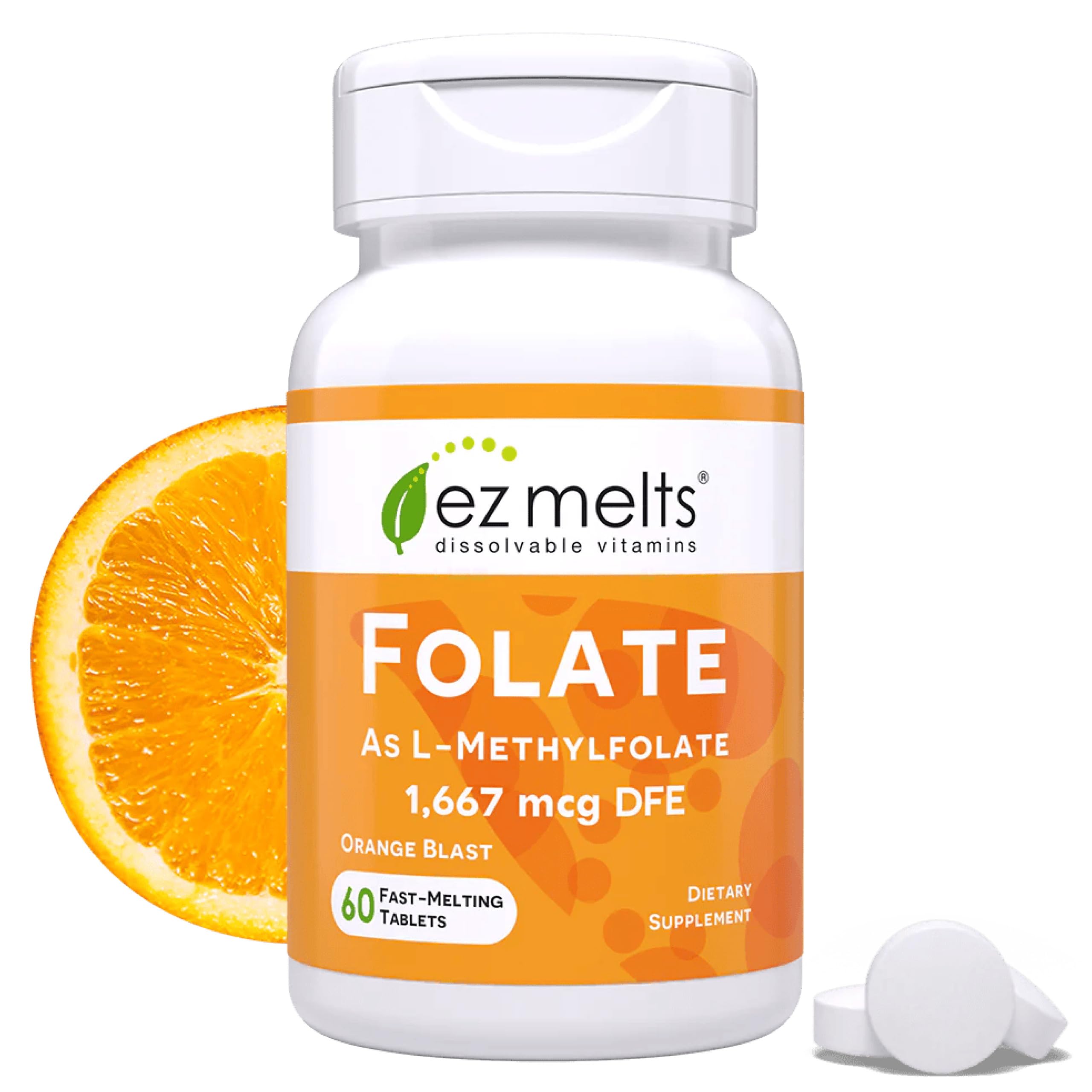 EZ Melts frente del empaque mostrando sabor naranja y beneficios rápidos