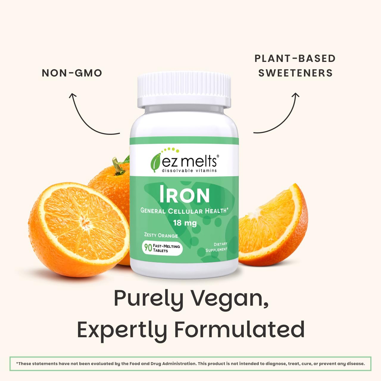 Etiqueta de EZ Melts mostrando ingredientes y beneficio de no GMO