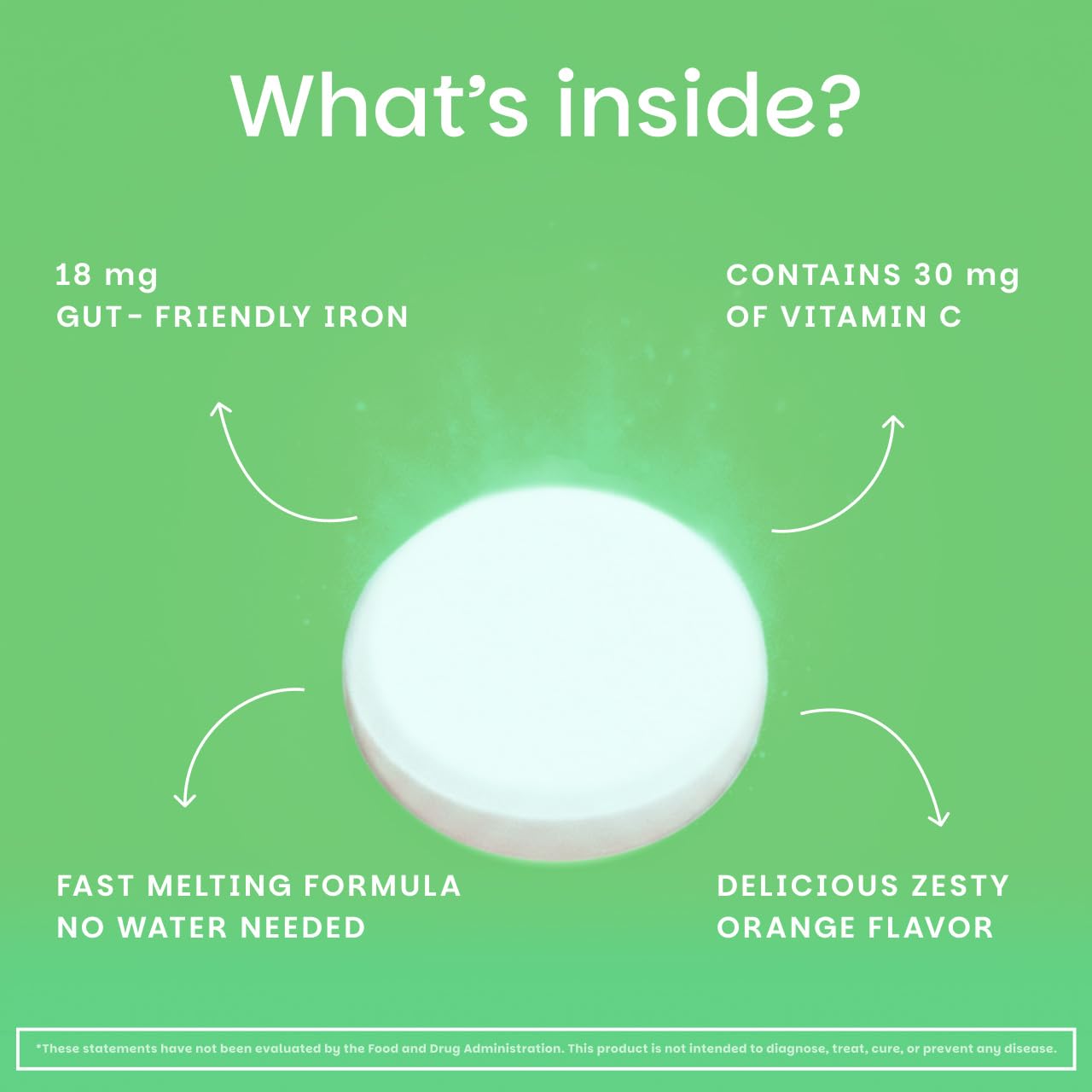 EZ Melts ingredientes clave hierro vegetal y vitamina C visibles