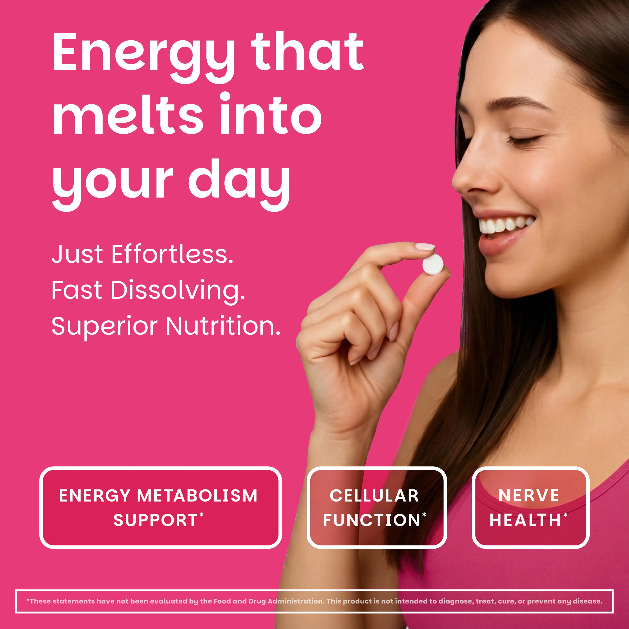EZ Melts tableta en primer plano resaltando textura y fácil disolución