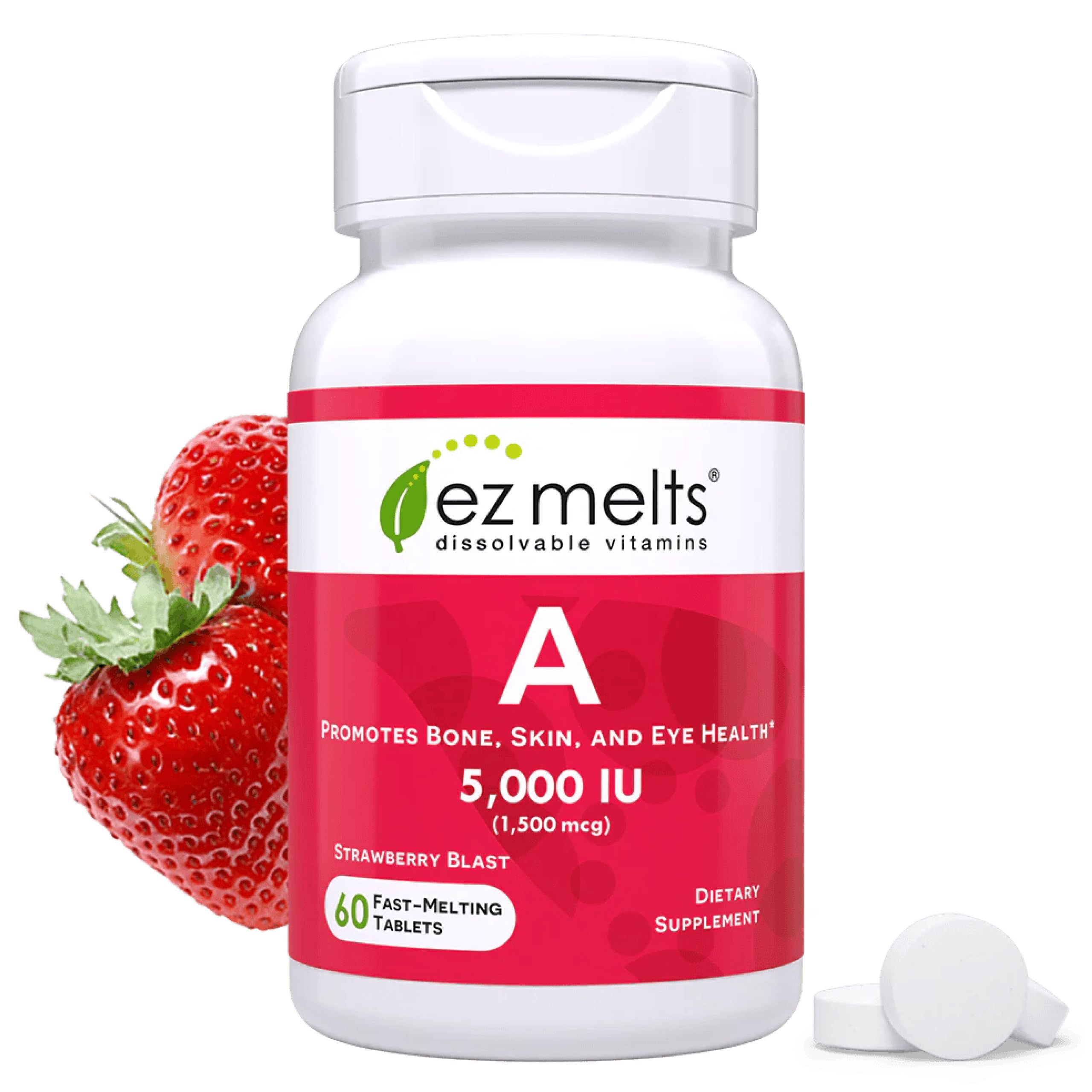 EZ Melts envase frontal mostrando 60 tabletas y conveniencia vegana