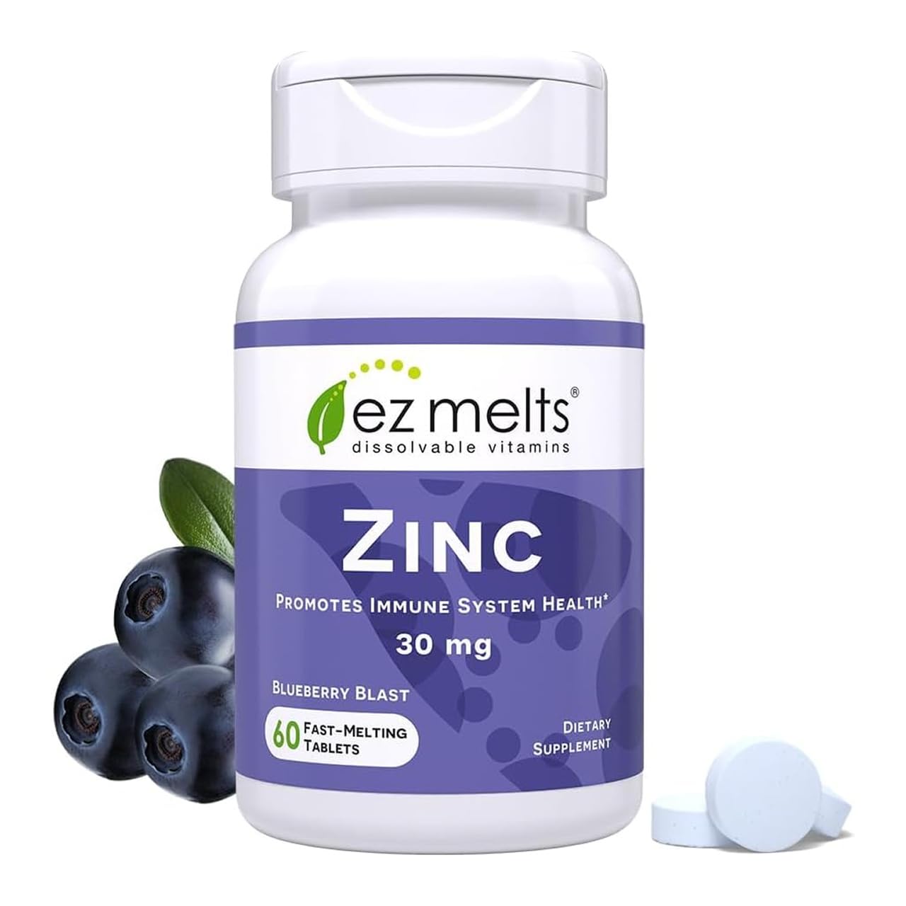 EZ Melts envase frontal mostrando zinc arándano y beneficios prácticos