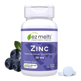 EZ Melts envase frontal mostrando zinc arándano y beneficios prácticos