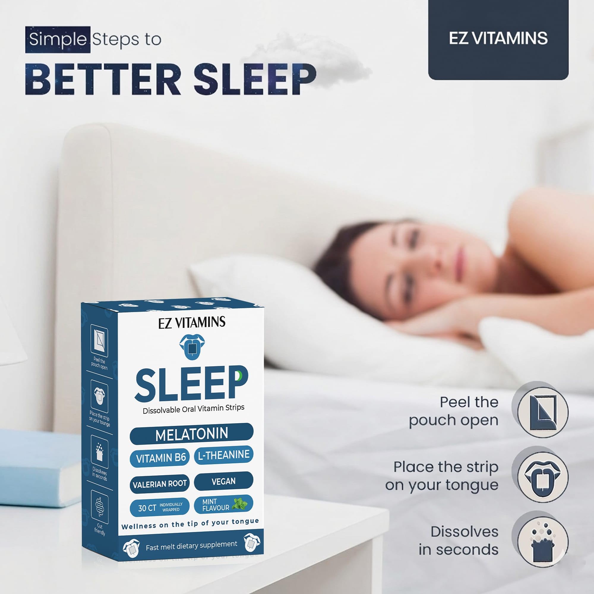 EZ VITAMINS primer plano de la tira revelando su textura fina y disolución rápida