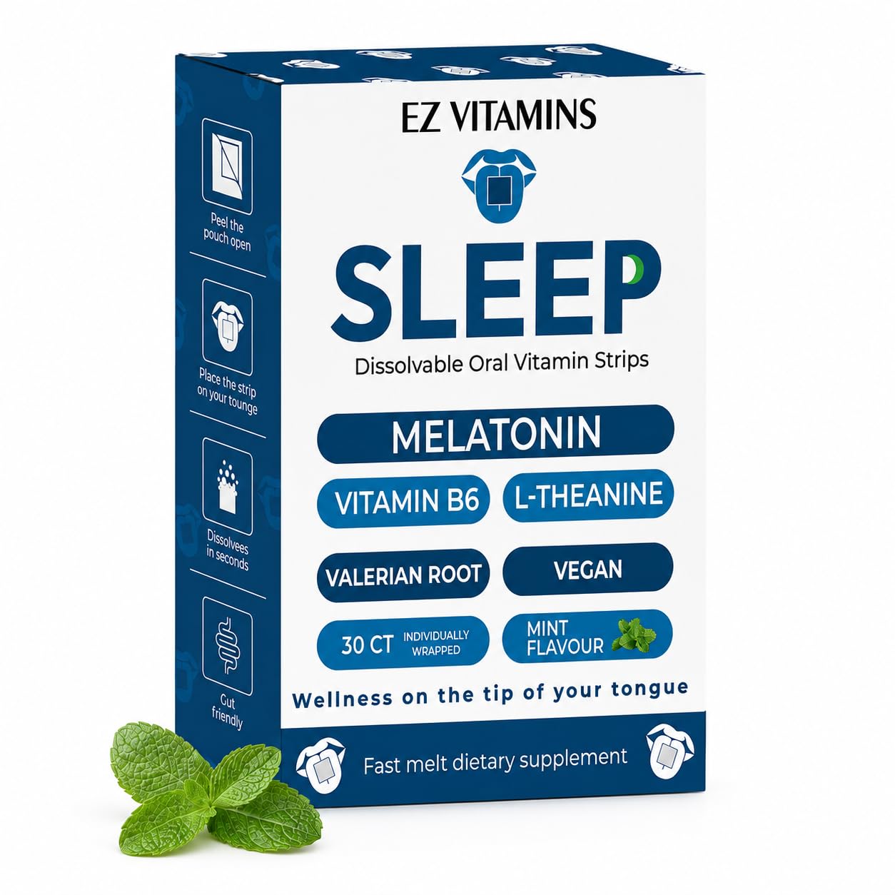 EZ VITAMINS envase frontal mostrando 30 tiras y beneficios rápidos