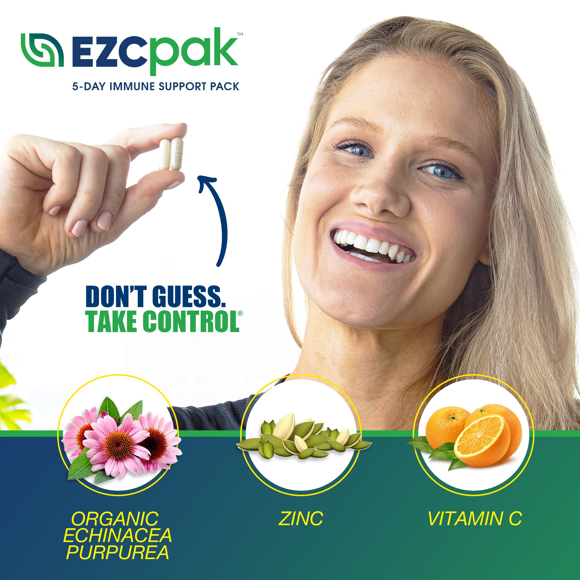 EZC Pak etiqueta con ingredientes que destaca echinacea, zinc y vitamina C