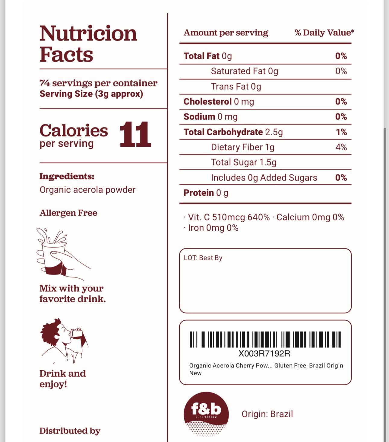f&b superfoods etiqueta con certificaciones USDA Organic y Non-GMO visibles