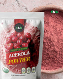 f&b superfoods detalle de polvo y acerolas secas resaltando ingredientes puros