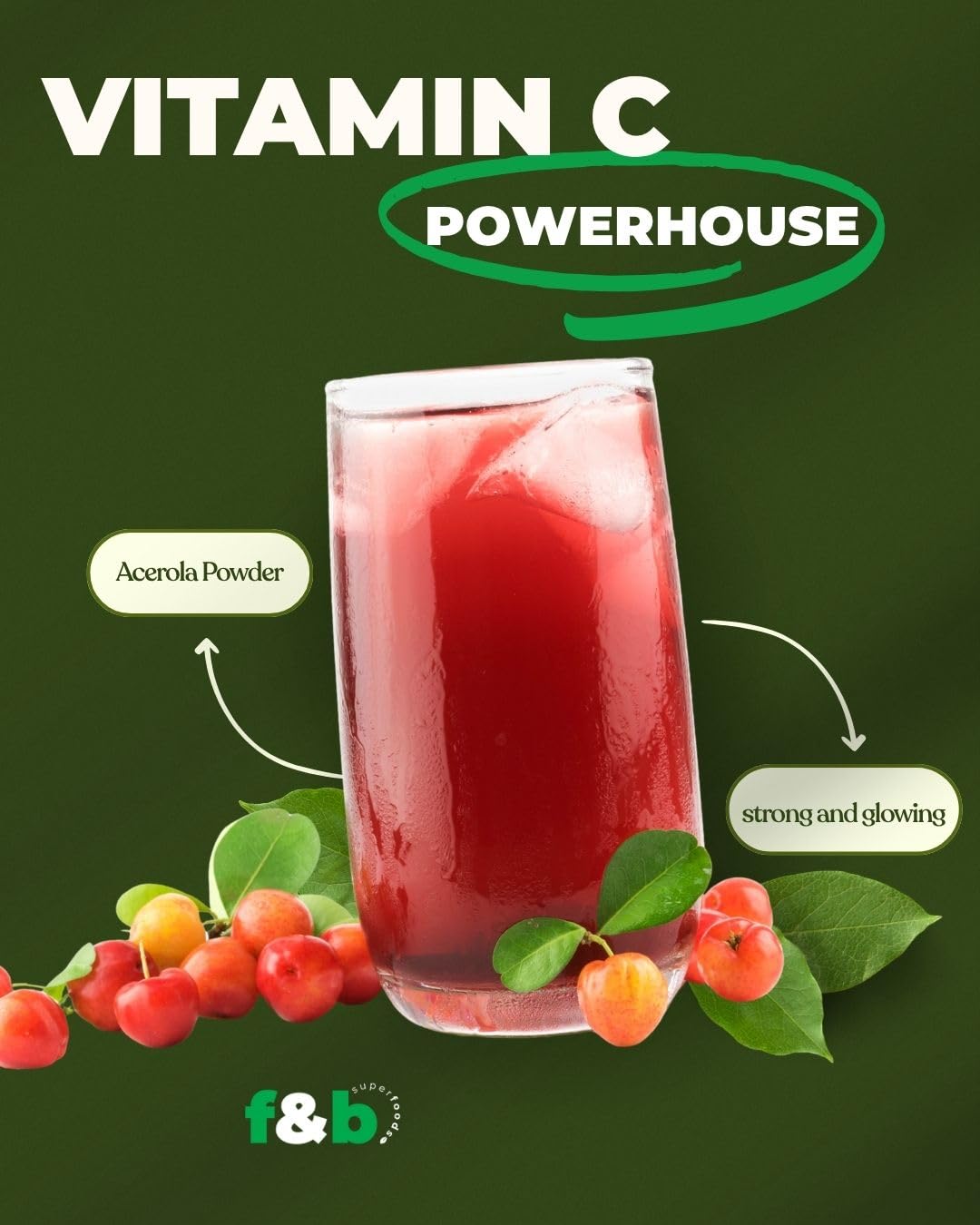f&b superfoods polvo de acerola textura fina que facilita mezcla instantánea