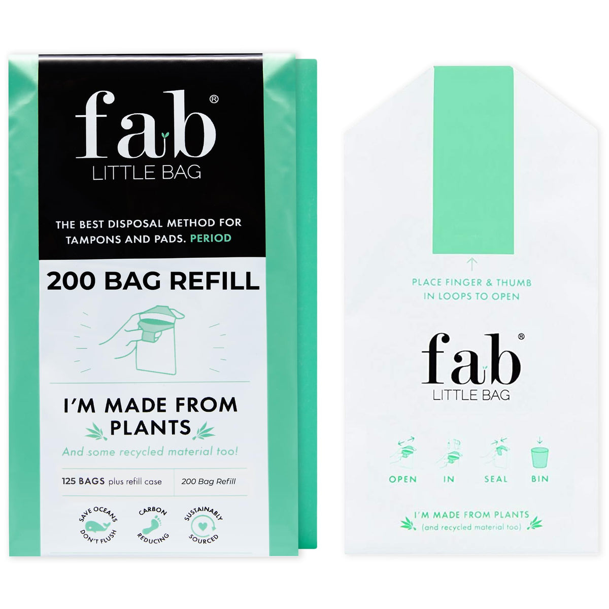 Fab Little Bag paquete frontal mostrando 200 unidades y beneficio de almacenamiento compacto