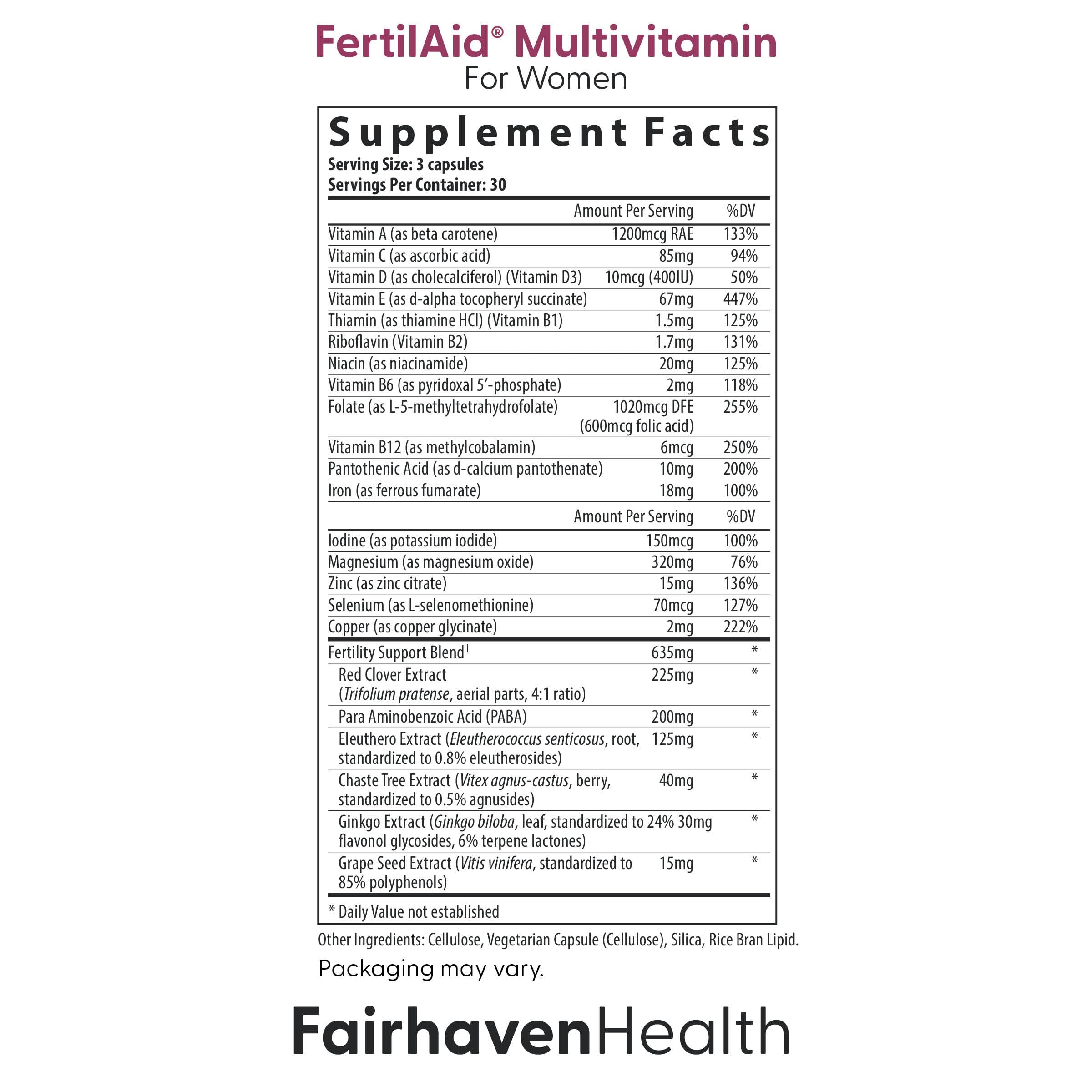 Fairhaven Health etiqueta con lista de ingredientes y micronutrientes clave