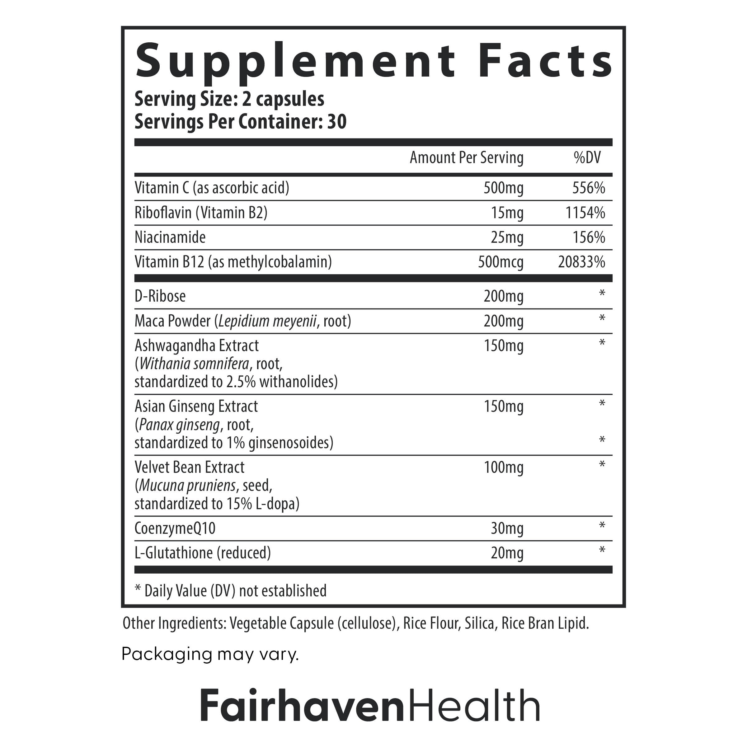 Fairhaven Health etiqueta con lista de ingredientes y dosis claras