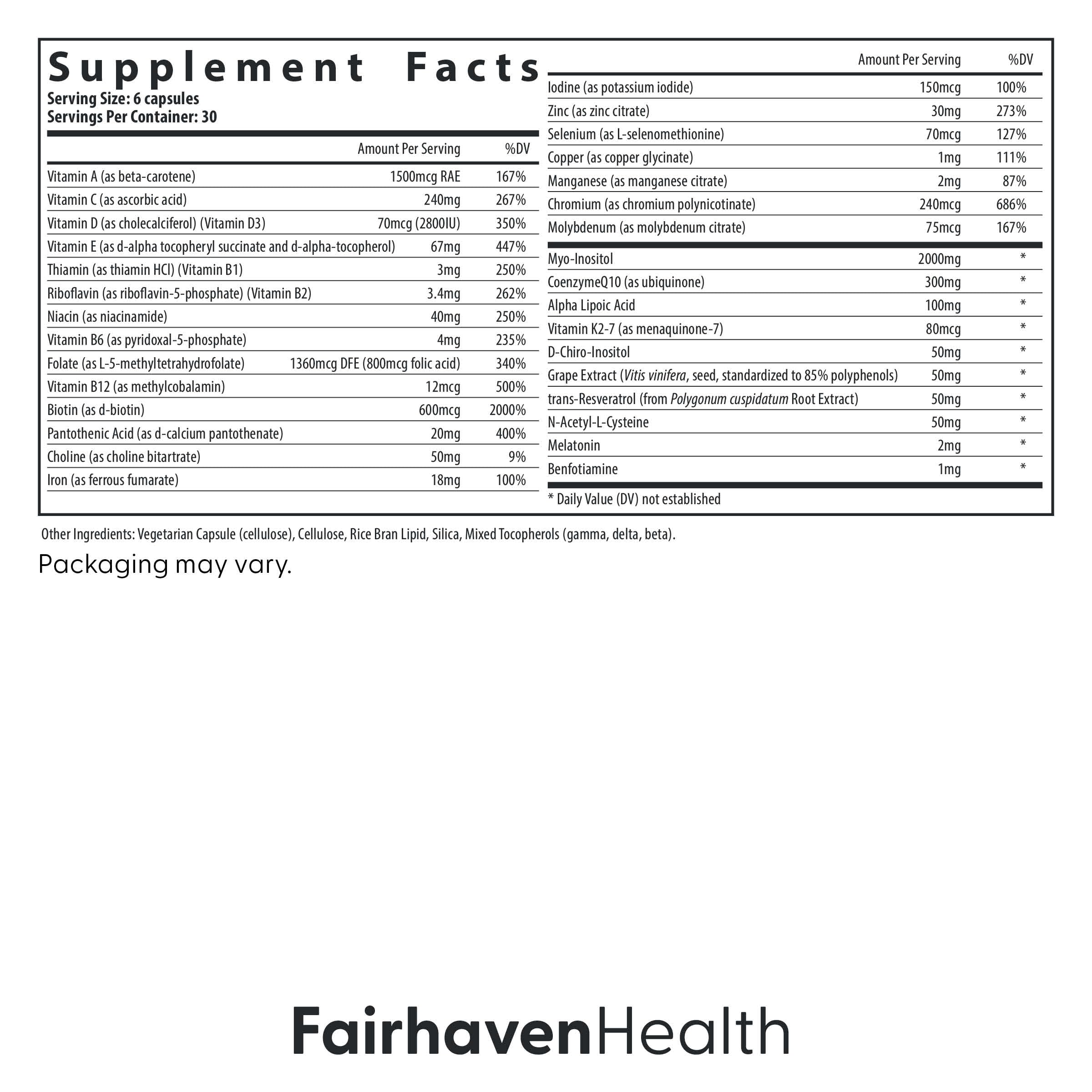 Fairhaven Health etiqueta nutricional legible mostrando ingredientes y dosificación