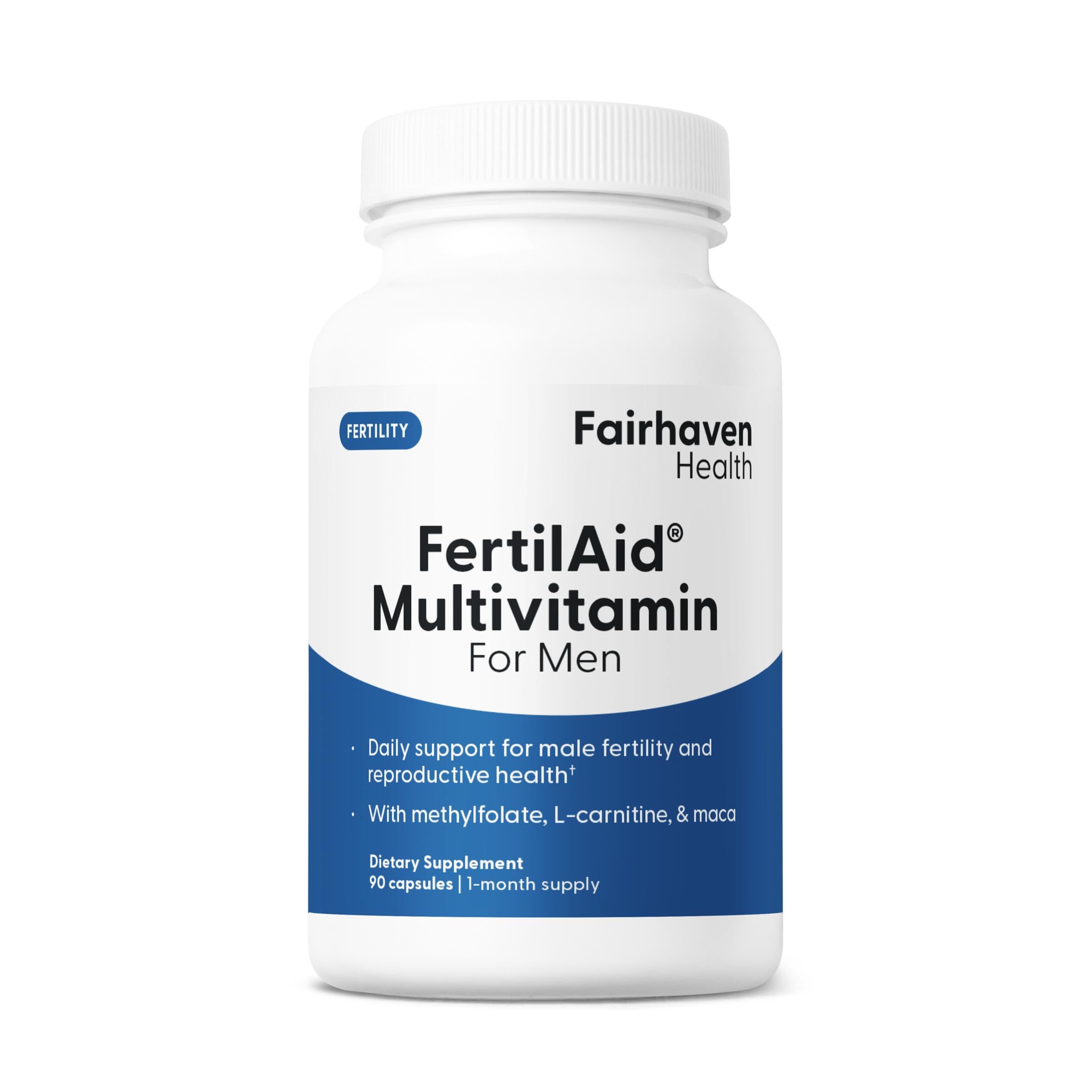 Fairhaven Health frasco frontal mostrando FertilAid for Men y beneficios