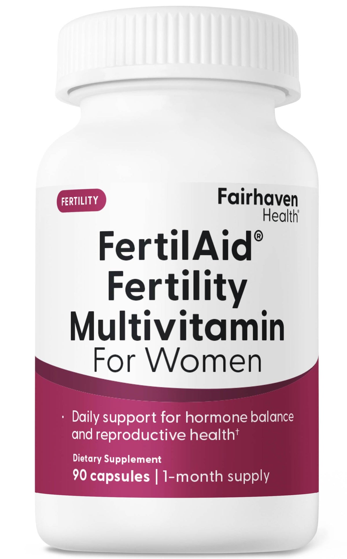 Fairhaven Health FertilAid vista frontal del envase mostrando 90 cápsulas y beneficios