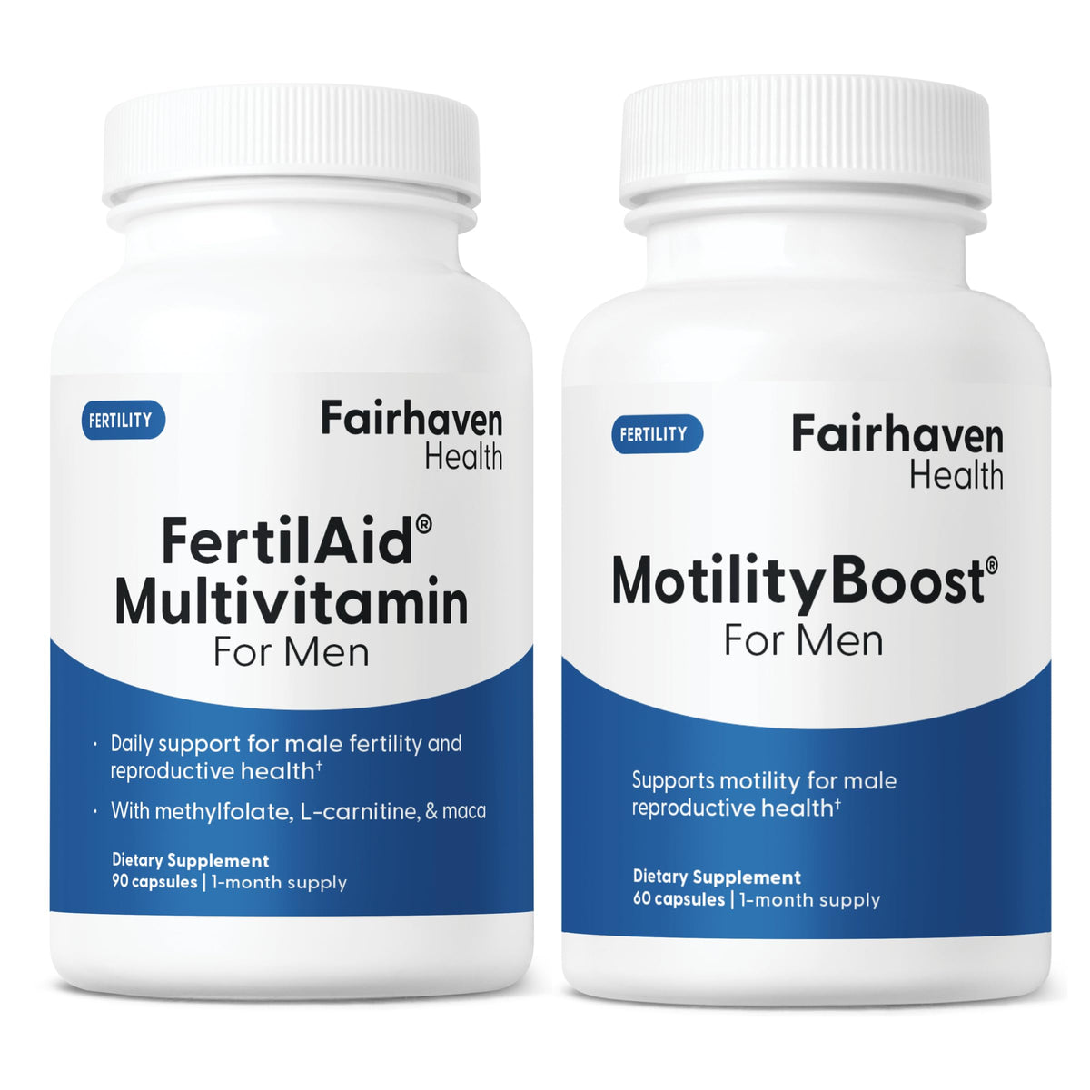 Fairhaven Health frasco frontal mostrando el combo FertilAid y MotilityBoost para soporte reproductivo
