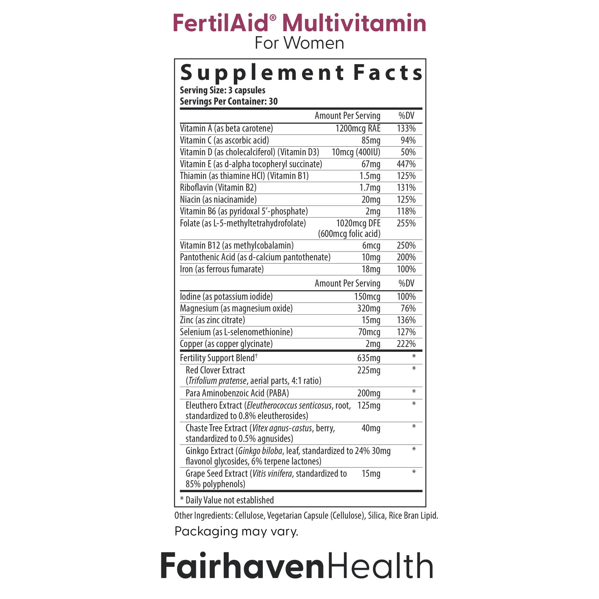 Fairhaven Health tabletas para mujeres cerca, mostrando fórmula con folato y vitex