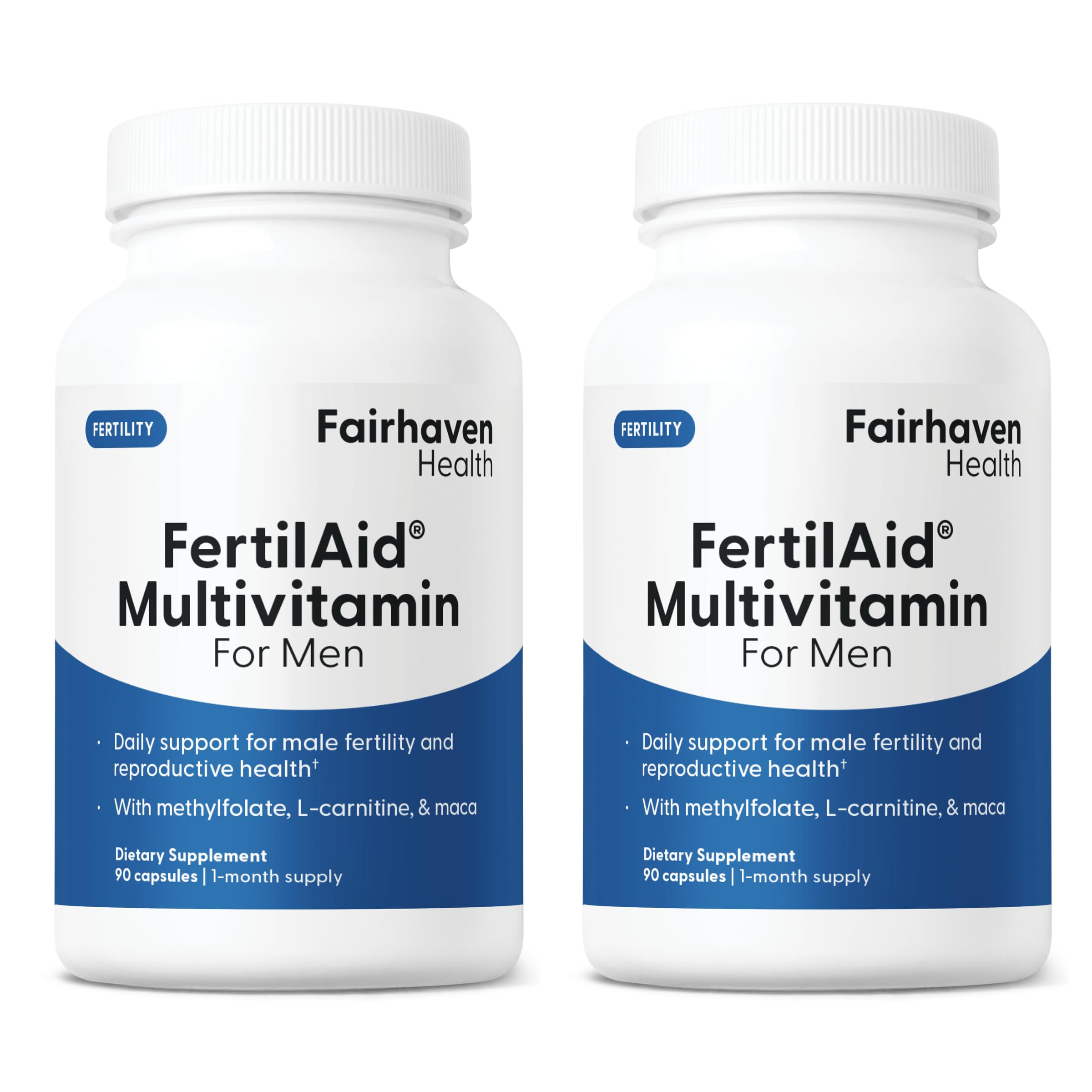Fairhaven Health frasco frontal de FertilAid for Men mostrando etiqueta y beneficios