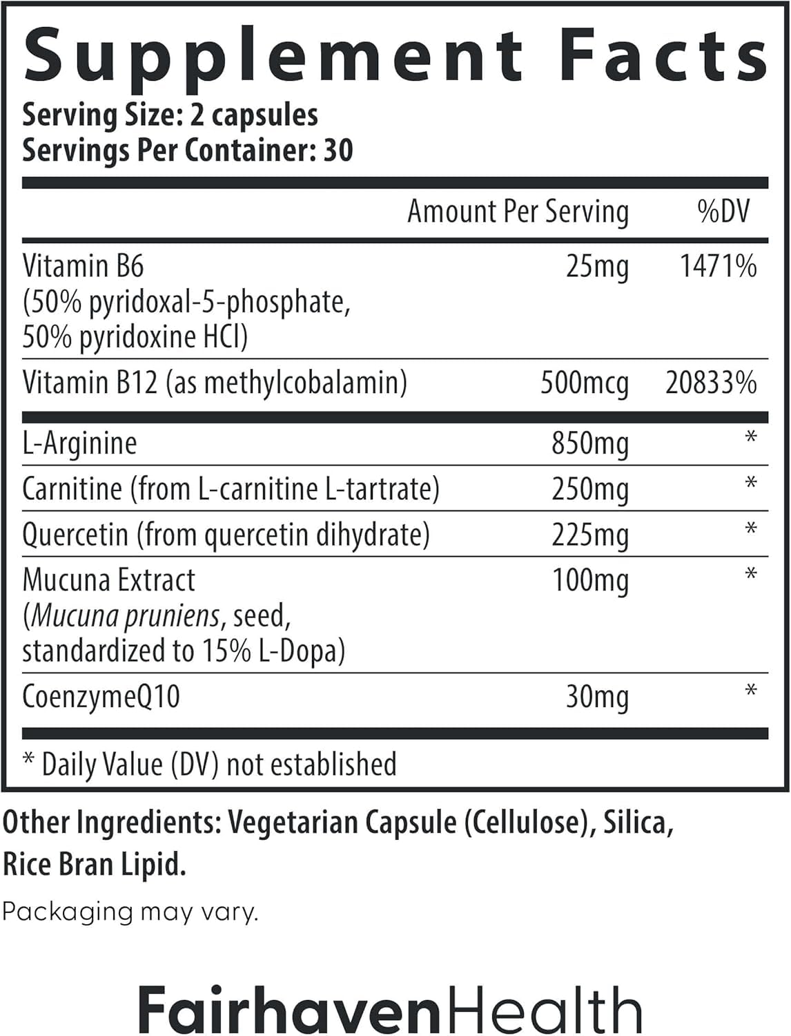 Fairhaven Health etiqueta con lista de ingredientes y certificaciones, transparencia