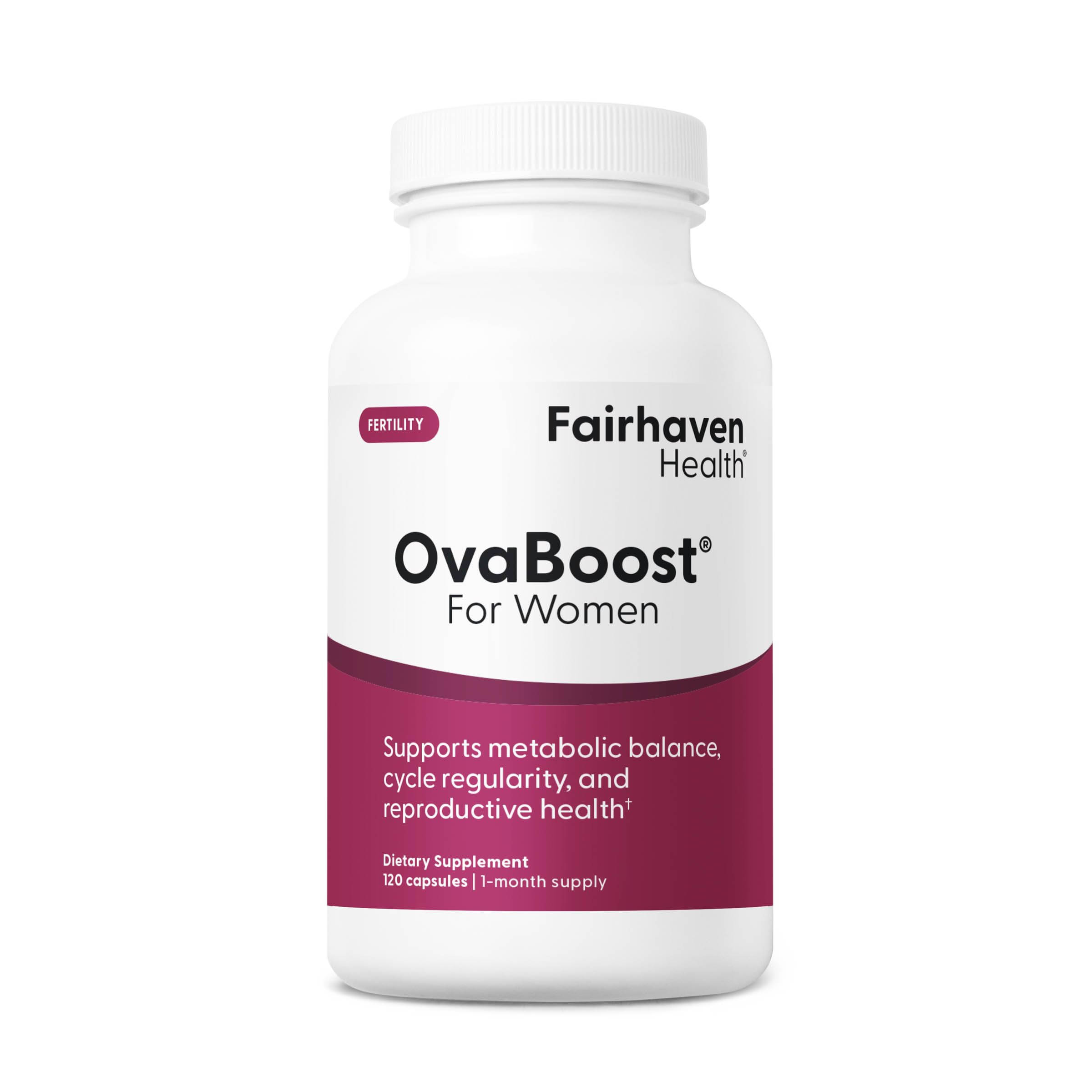 Fairhaven Health OvaBoost frasco frontal mostrando marca y beneficio de apoyo a la ovulación