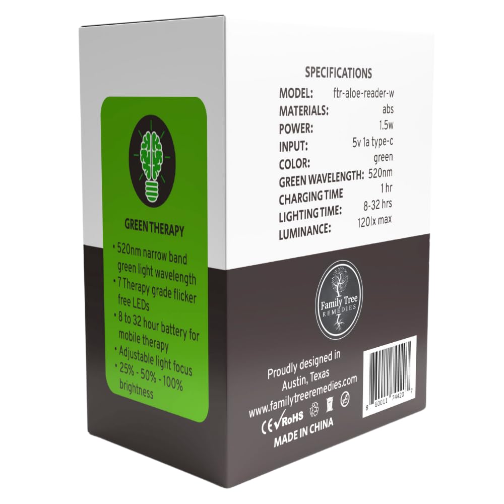 Family Tree Remedies Aloe mostrando puerto USB-C, recarga rápida y fácil