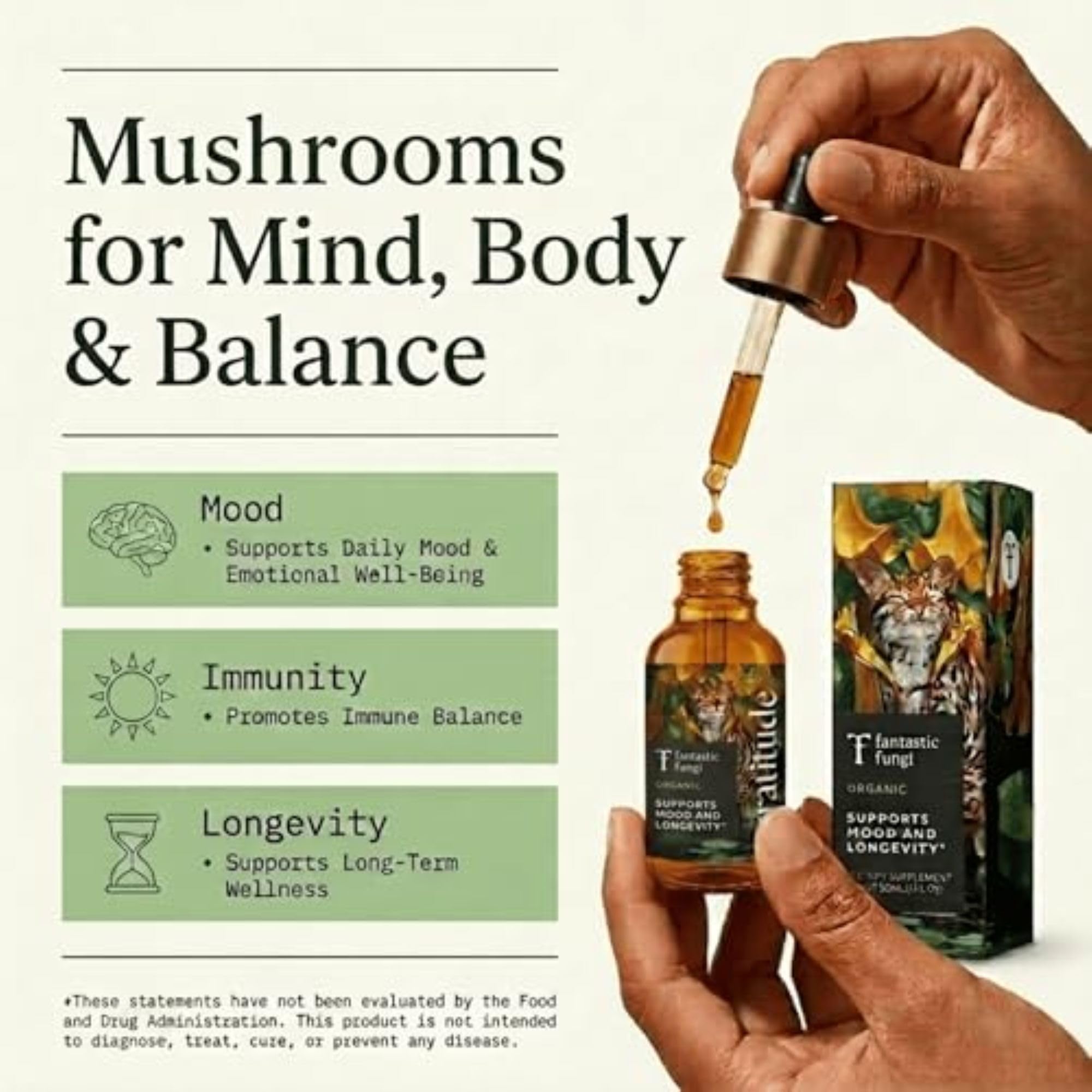 Fantastic Fungi primer plano de etiqueta con información de ingredientes, transparencia