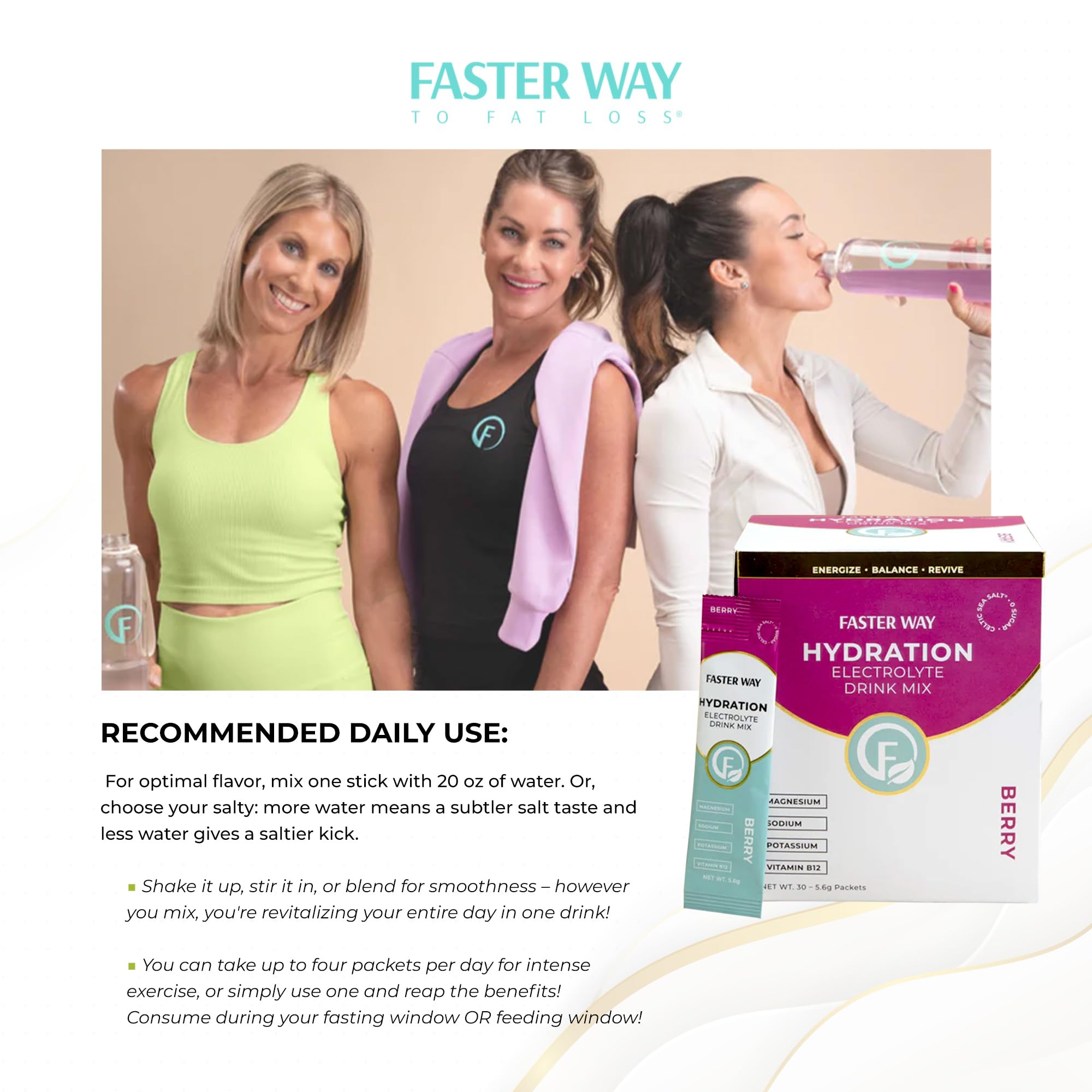 Faster Way panel nutricional destacando electrolitos y cero azúcares