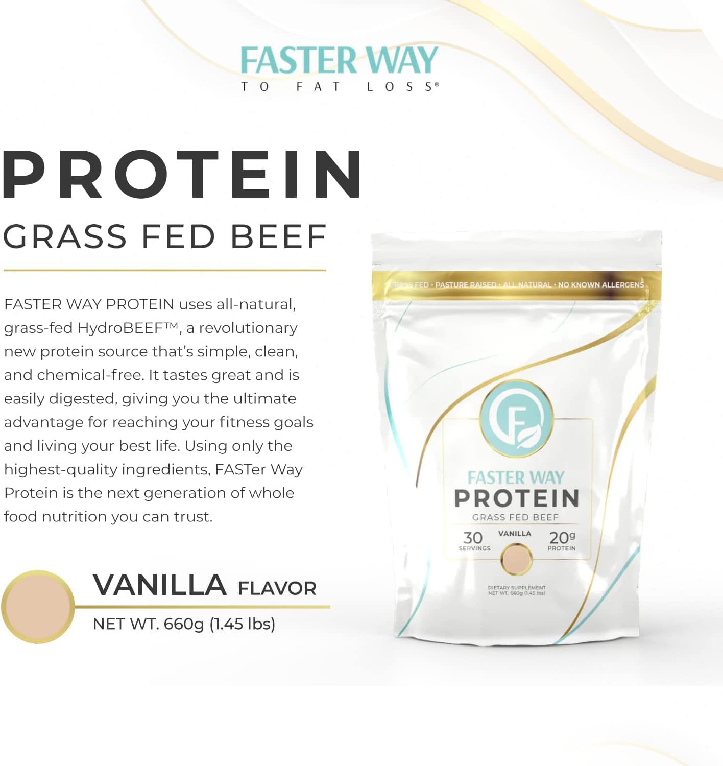 FASTer Way batido HydroBEEF servido, recuperación y sabor a vainilla