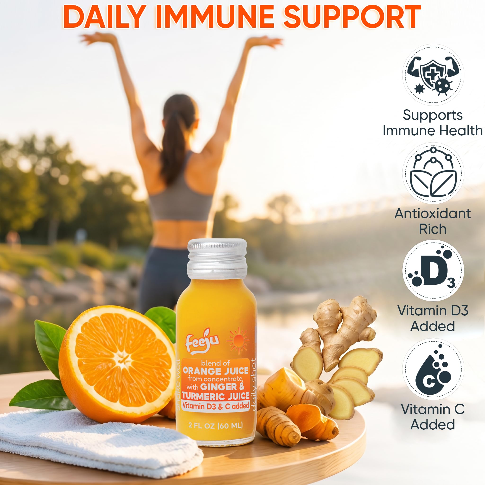 Etiqueta Feeju destacando ingredientes jengibre, cúrcuma y vitaminas