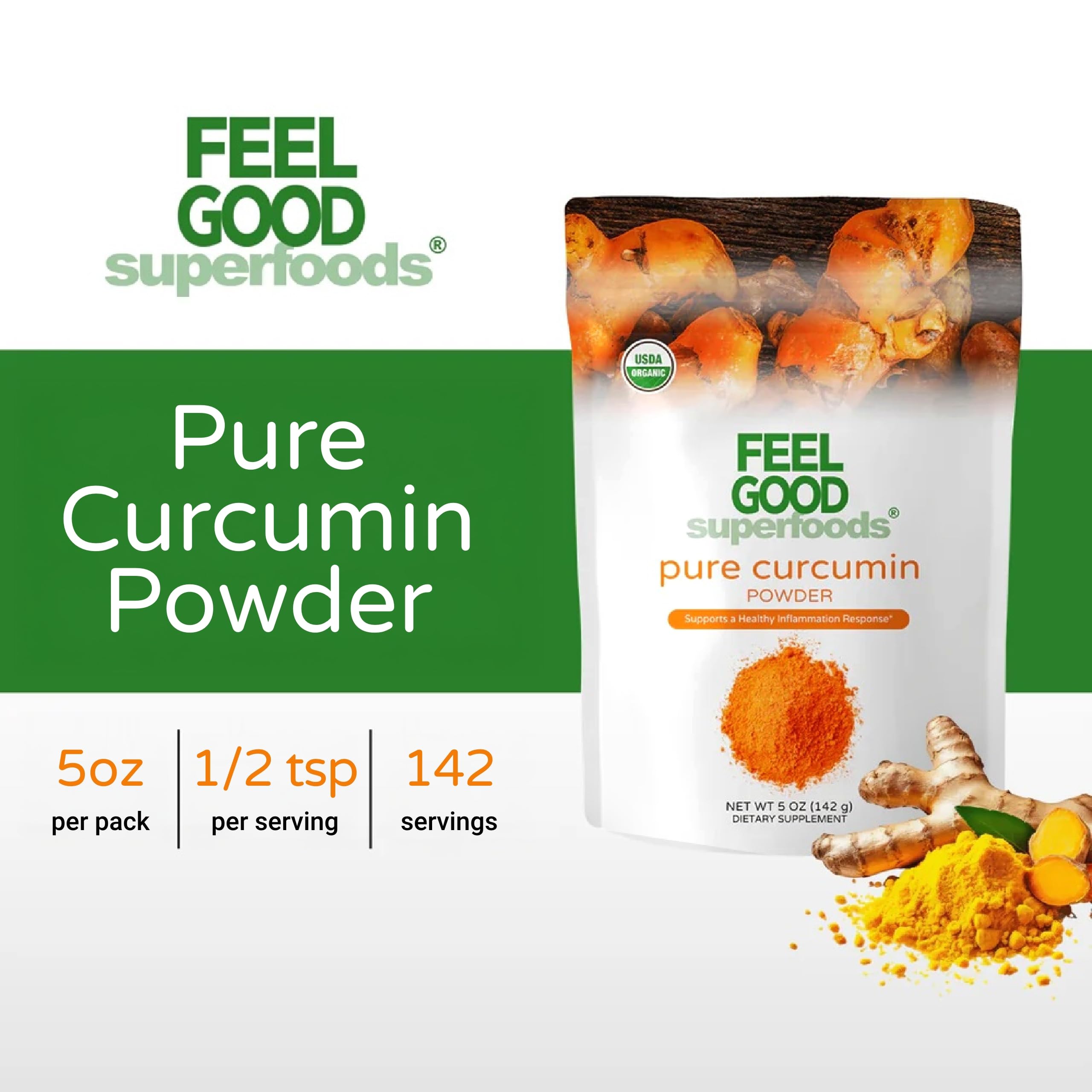 FEEL GOOD cucharada con polvo que ilustra la porción y facilidad de uso