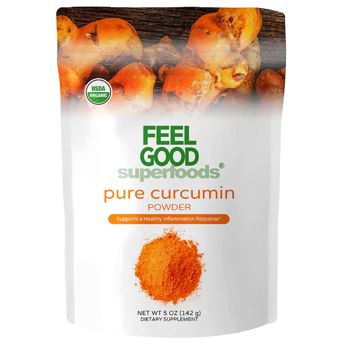 FEEL GOOD envase frontal de curcumina pura mostrando información clave