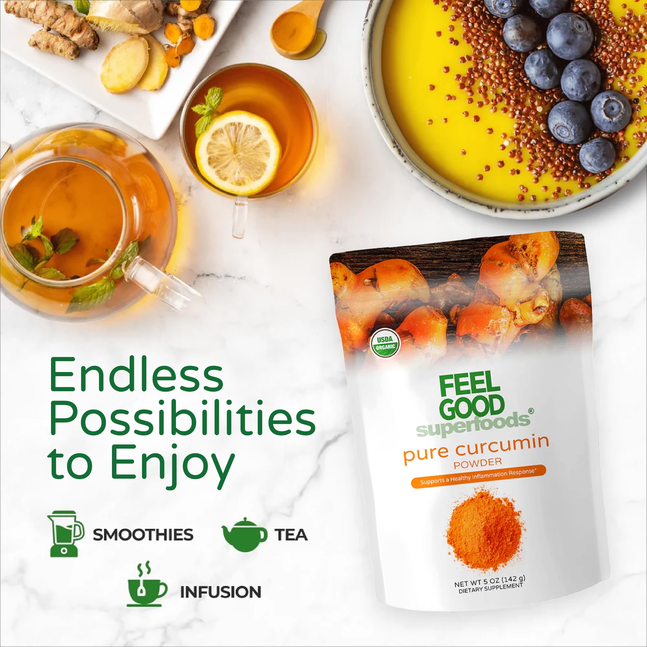 FEEL GOOD polvo de curcumina mezclado en batido para añadir antioxidantes