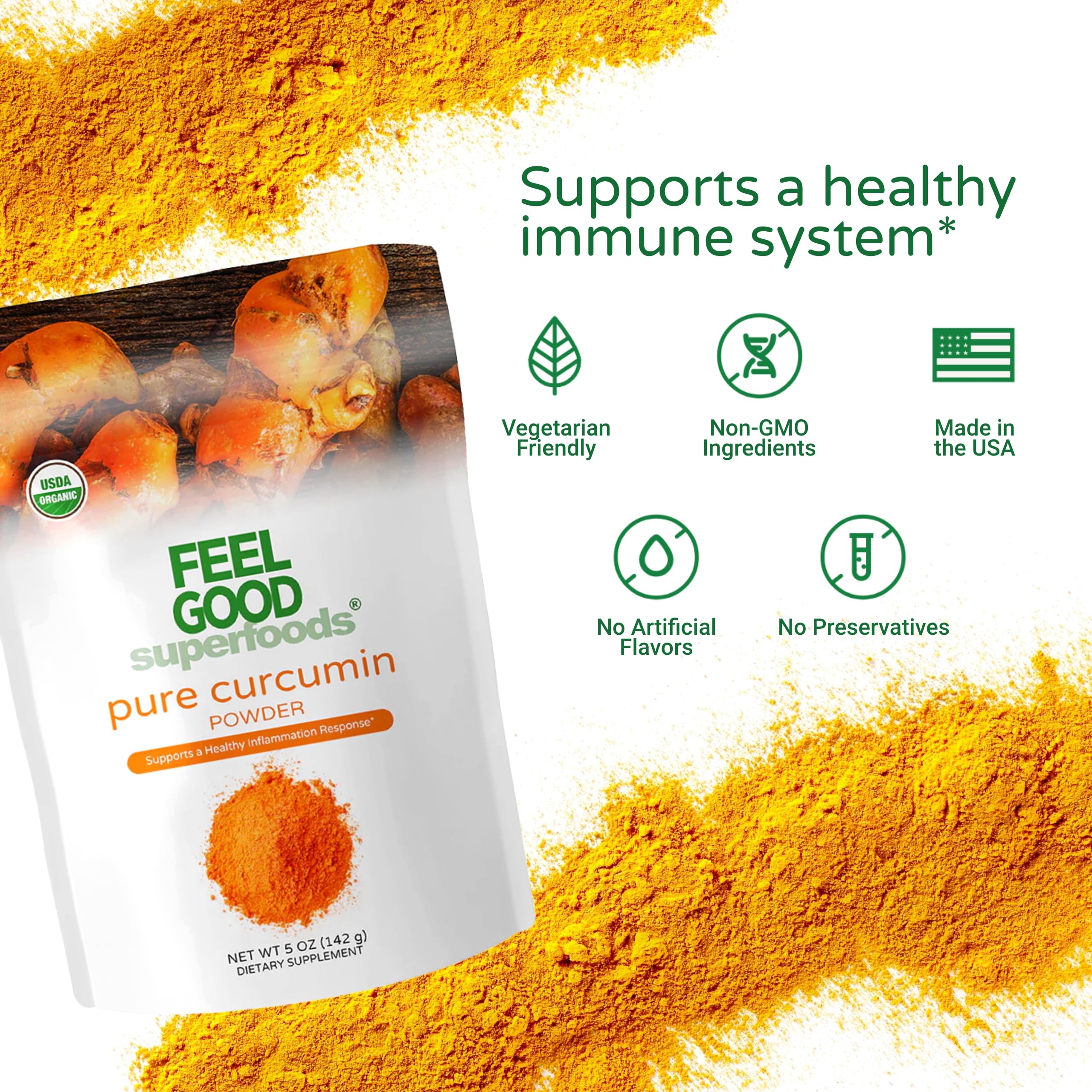 FEEL GOOD primer plano de la etiqueta que destaca 95% curcuminoides