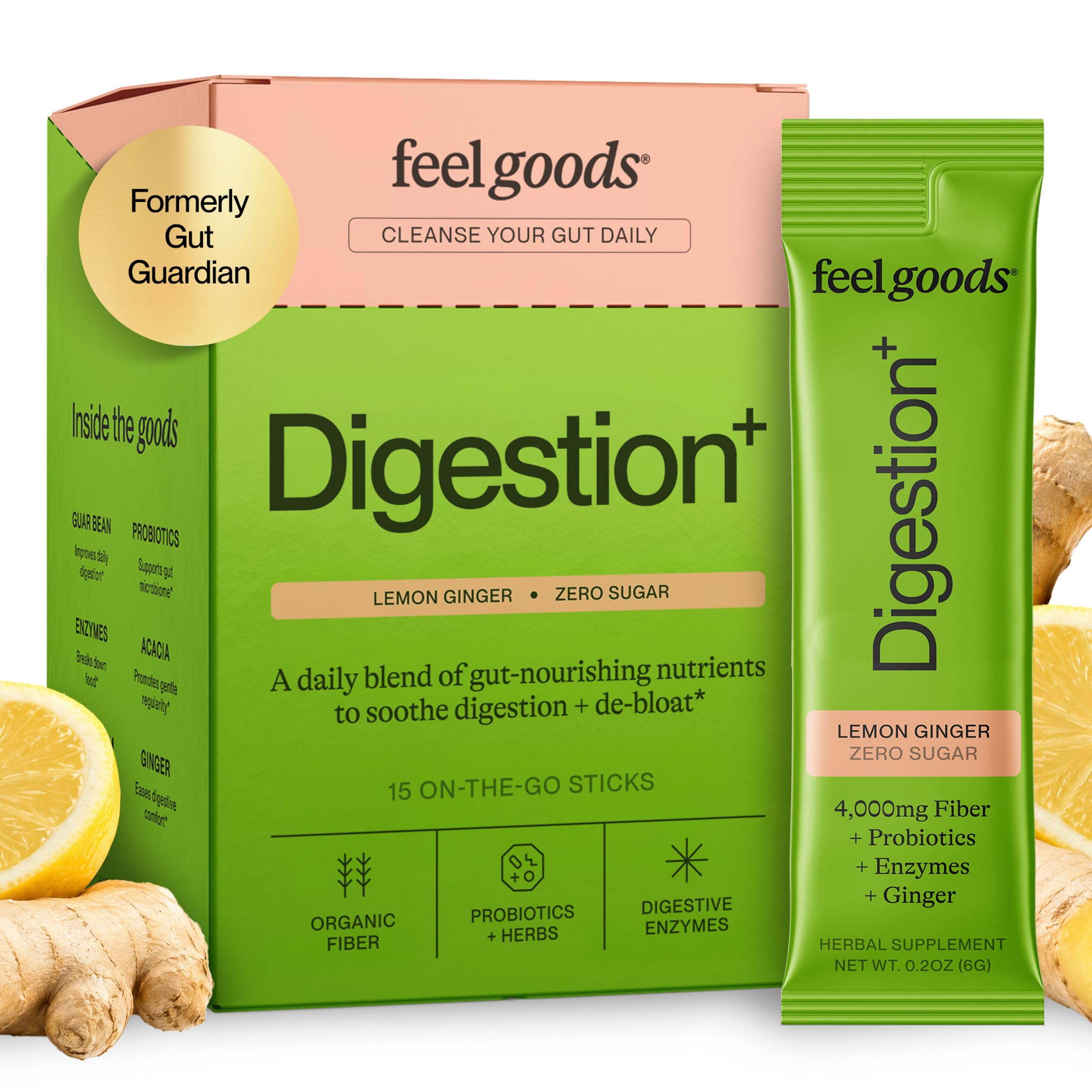 Feel Goods frente del empaque mostrando 15 sobres y beneficios