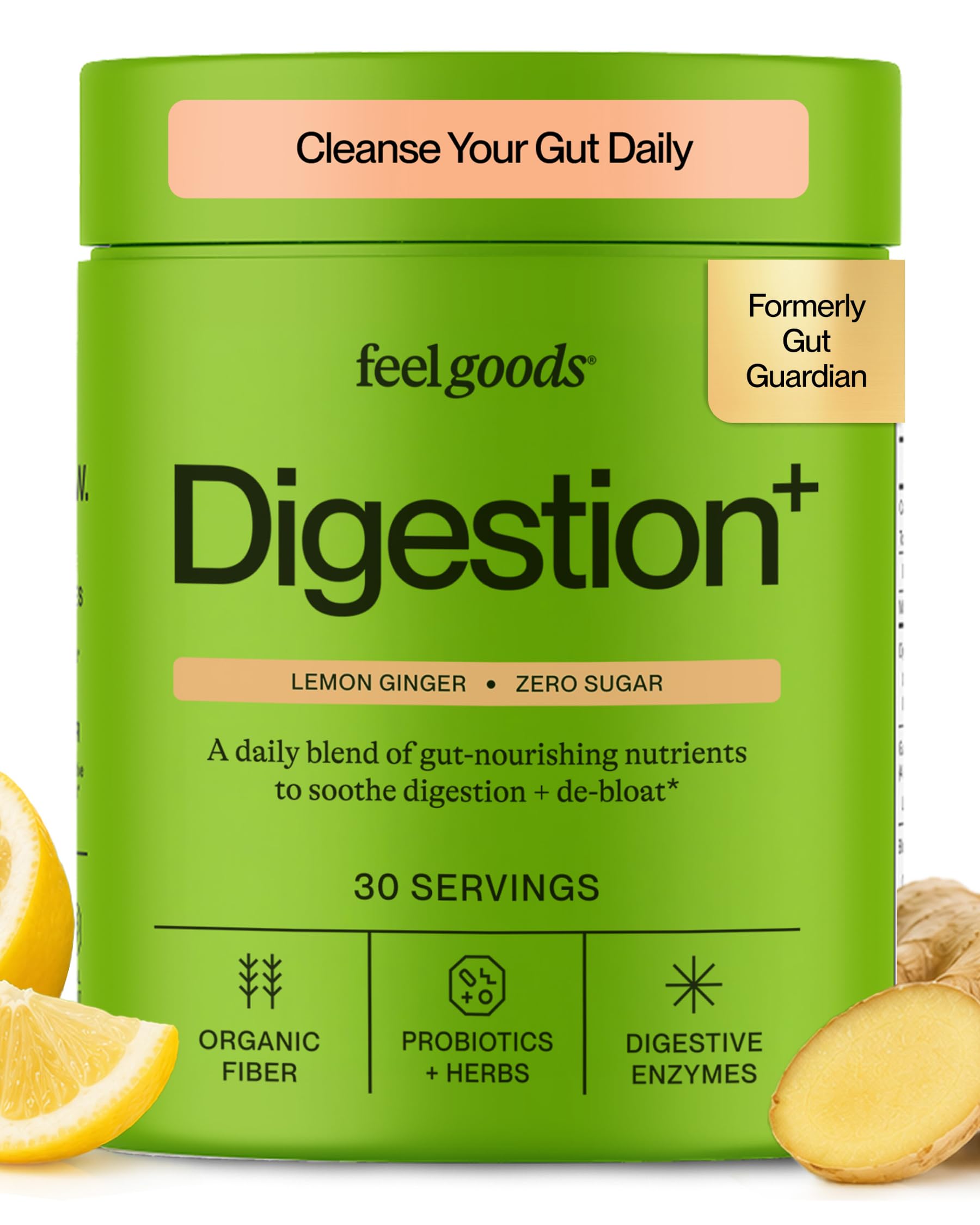 Feel Goods frente del envase mostrando sabor limón jengibre y beneficios