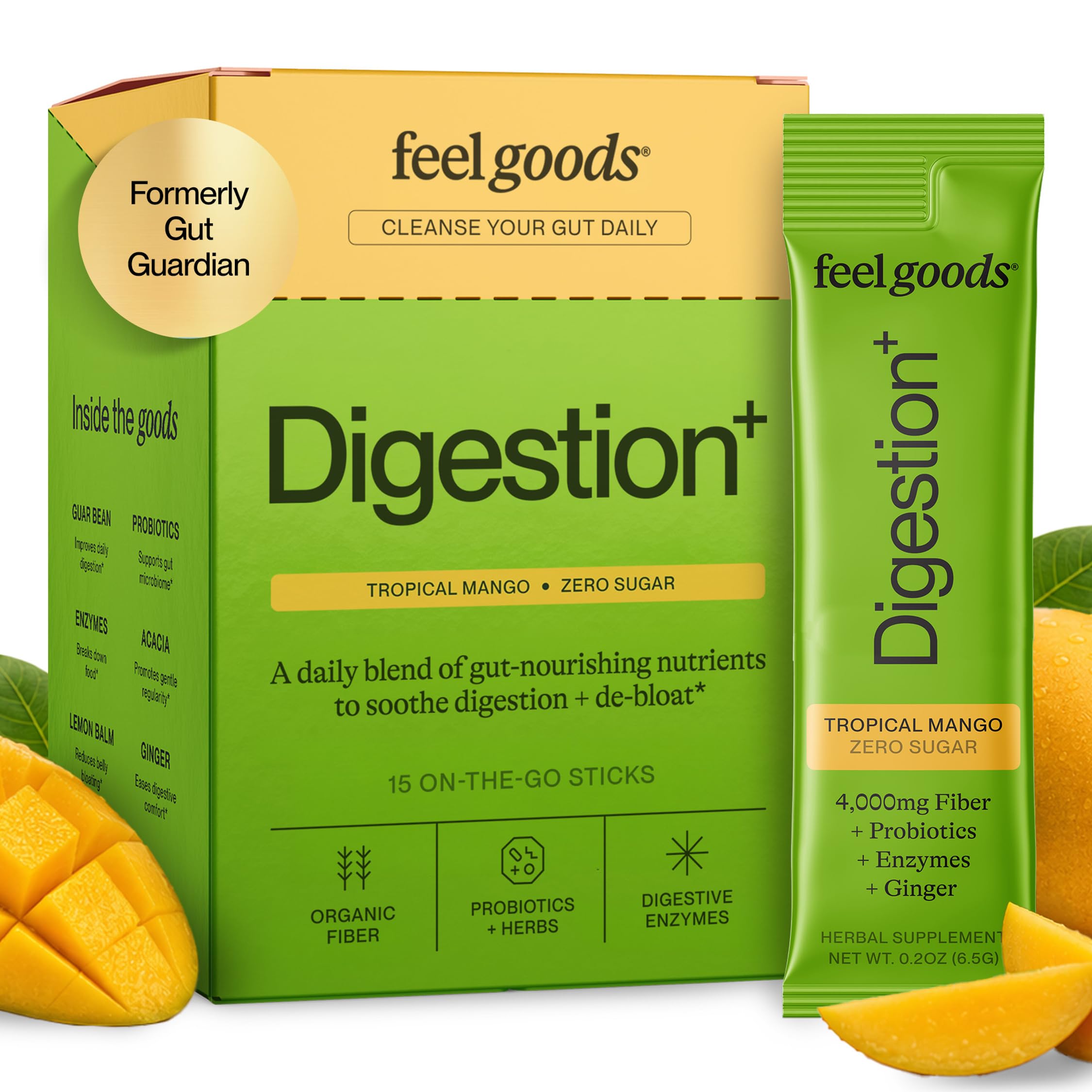 Envase frontal de Feel Goods Digestion+ con sabor mango que indica fibra y probióticos